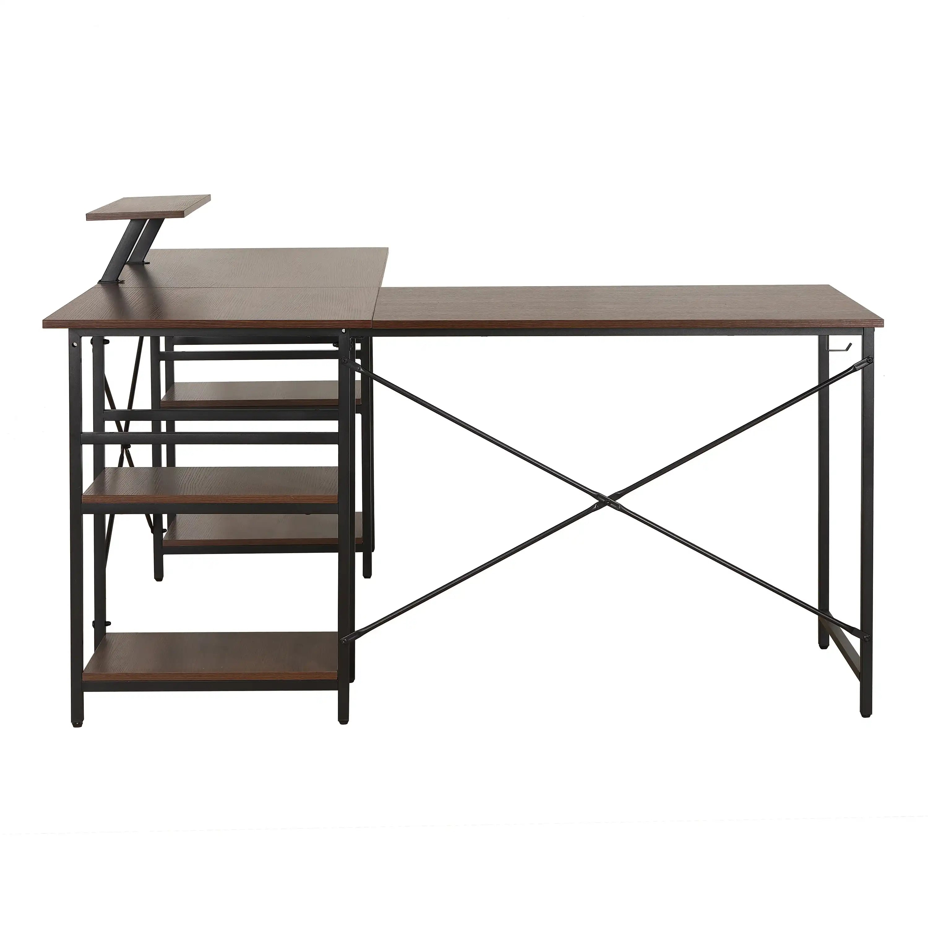 Techni Mobili L-Shape Industrial Desk with storage shelves, Walnut - Best Buy Furniture