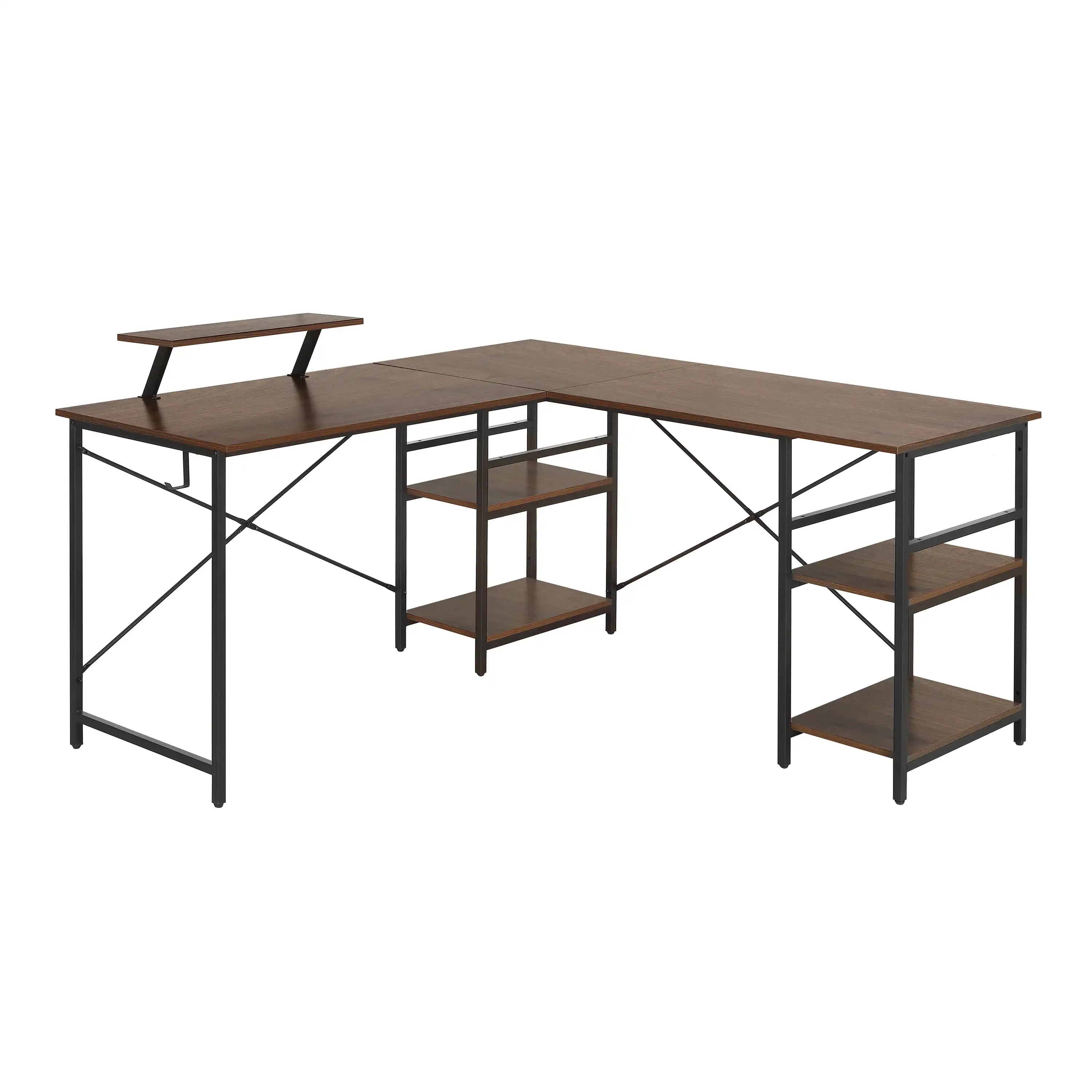 Techni Mobili L-Shape Industrial Desk with storage shelves, Walnut - Best Buy Furniture