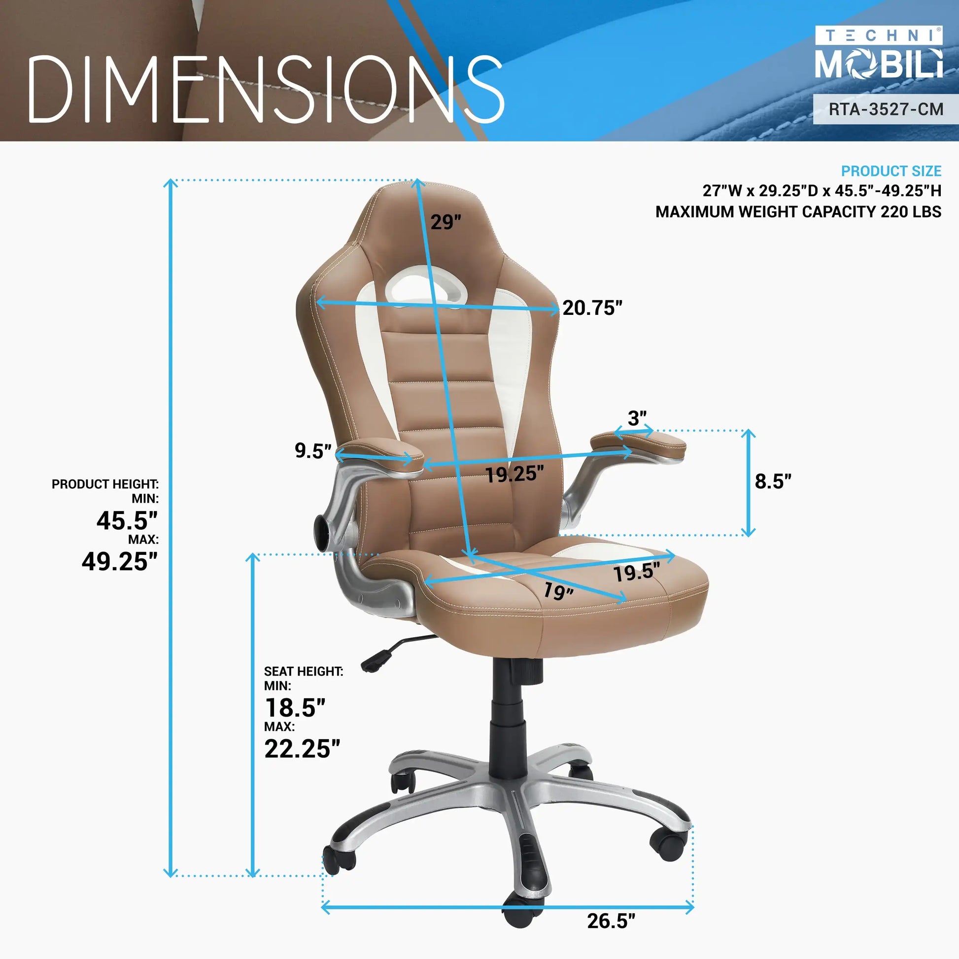 Techni Mobili High Back Executive Sport Race Office Chair with Flip-Up Arms, Camel - Best Buy Furniture