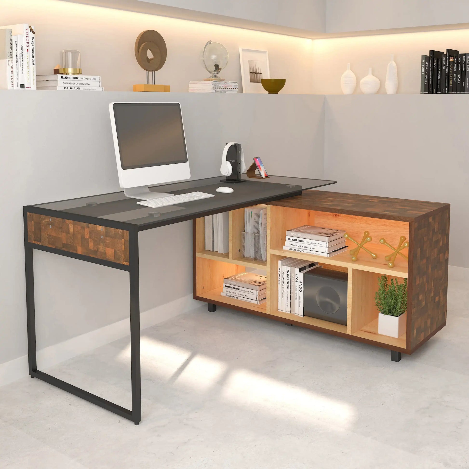 Techni Mobili L-Shape Corner Desk with Multiple Storage, Oak - Best Buy Furniture