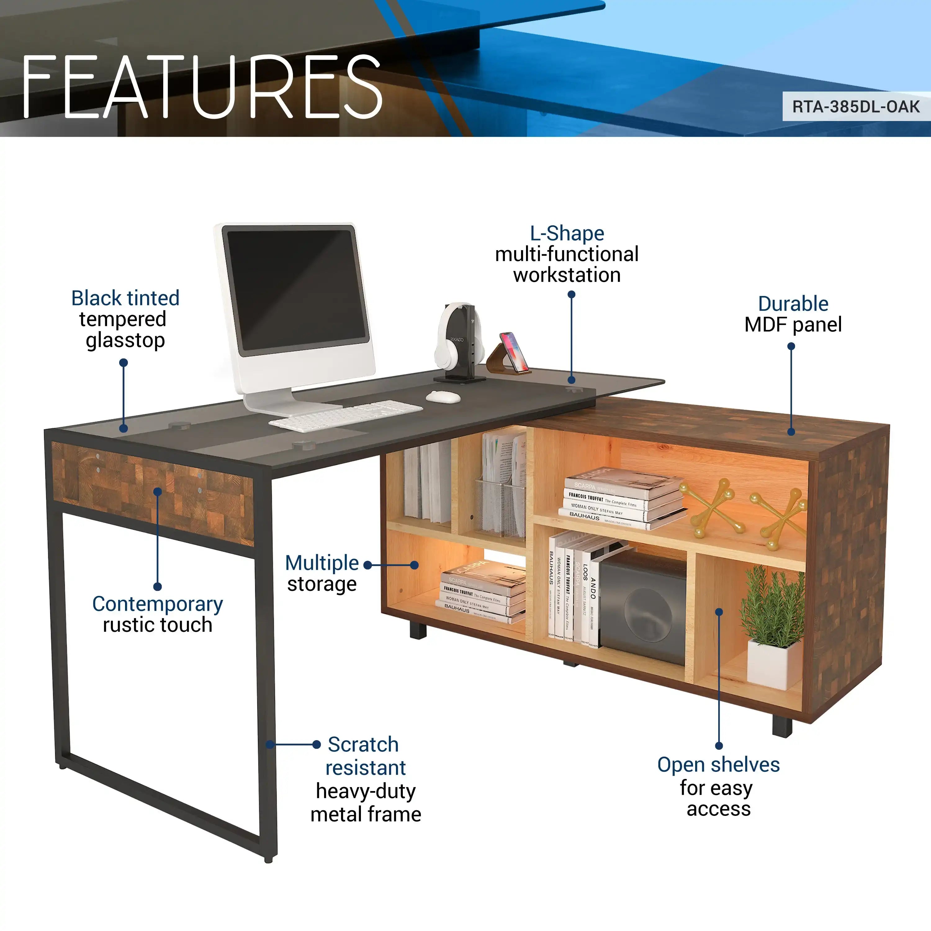Techni Mobili L-Shape Corner Desk with Multiple Storage, Oak - Best Buy Furniture