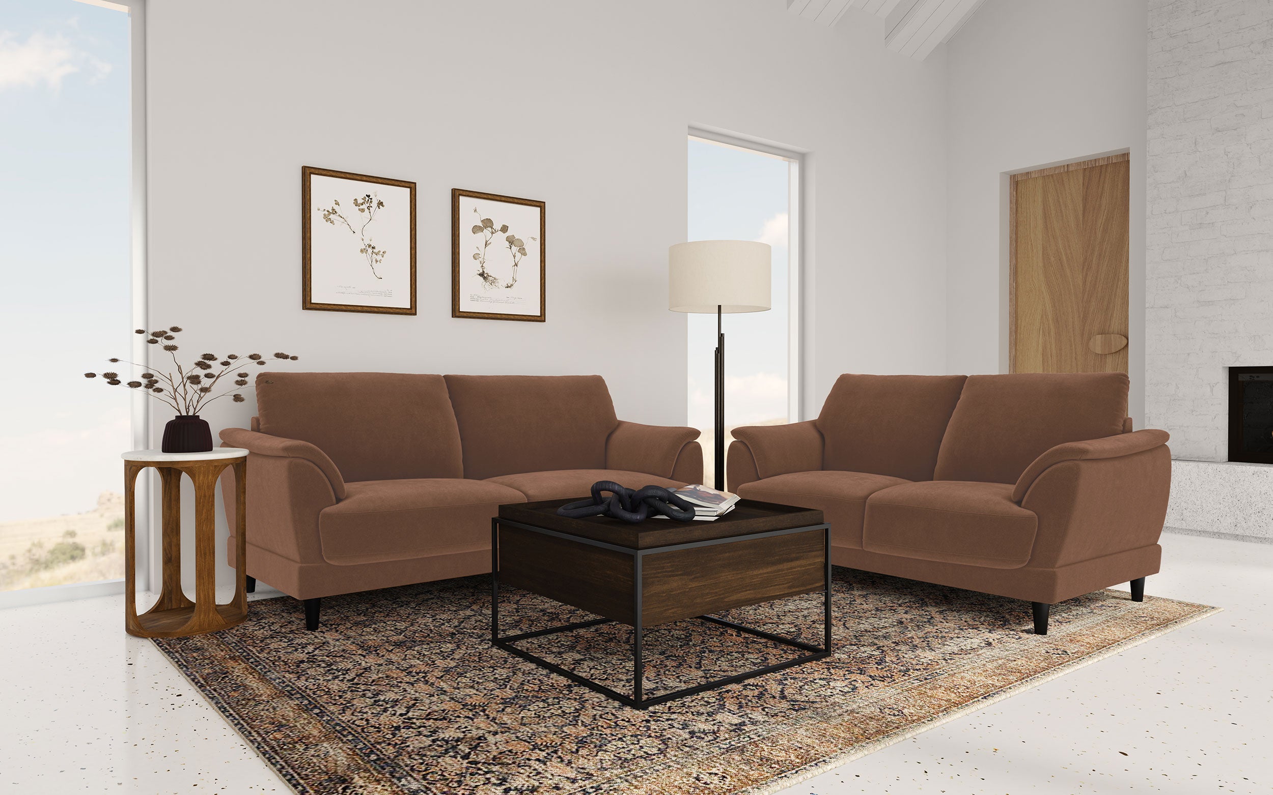 Selma Velvet Upholstered Crescent Arm Loveseat Rust-