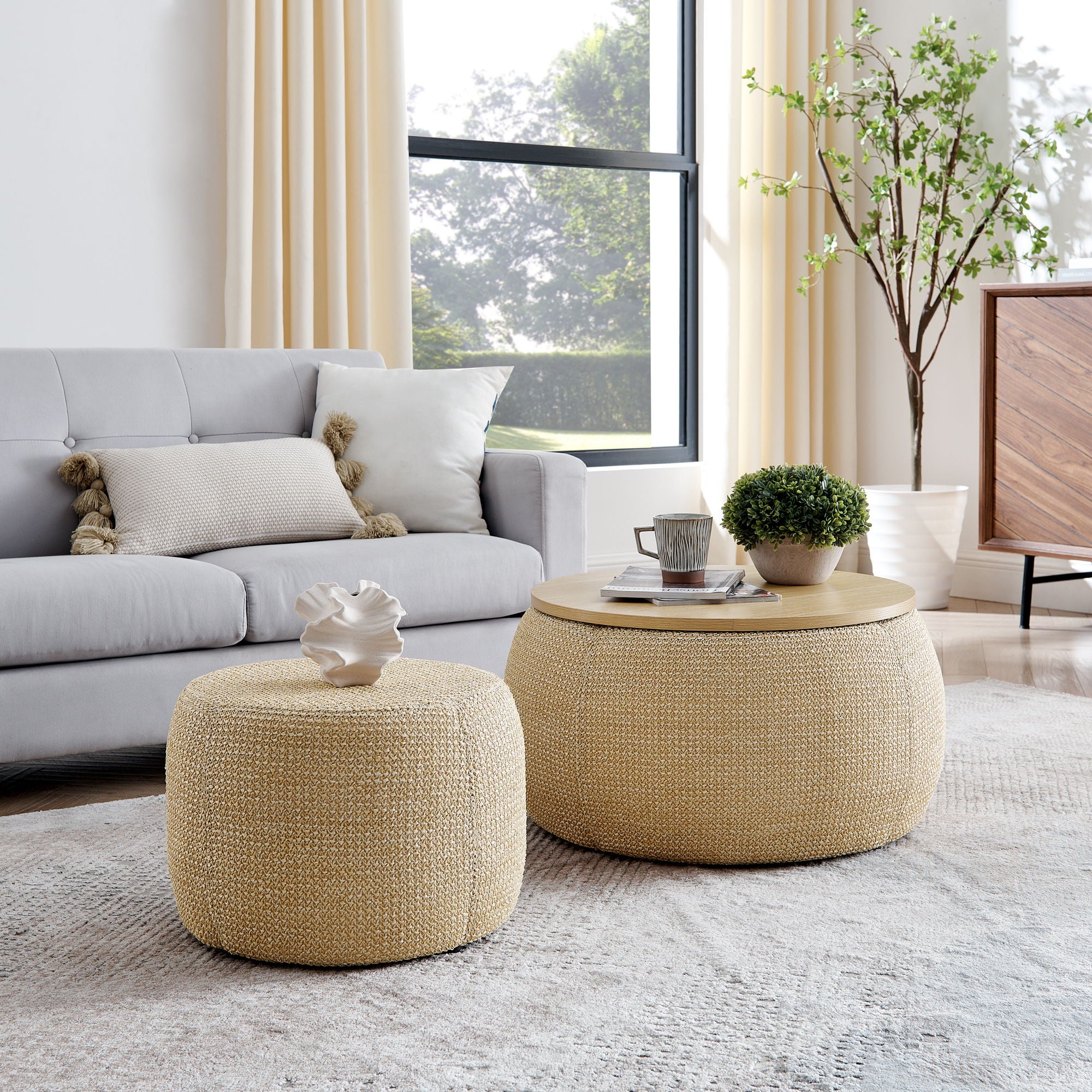 Round Storage Ottoman, 2 In 1 Function, End Table And Ottoman