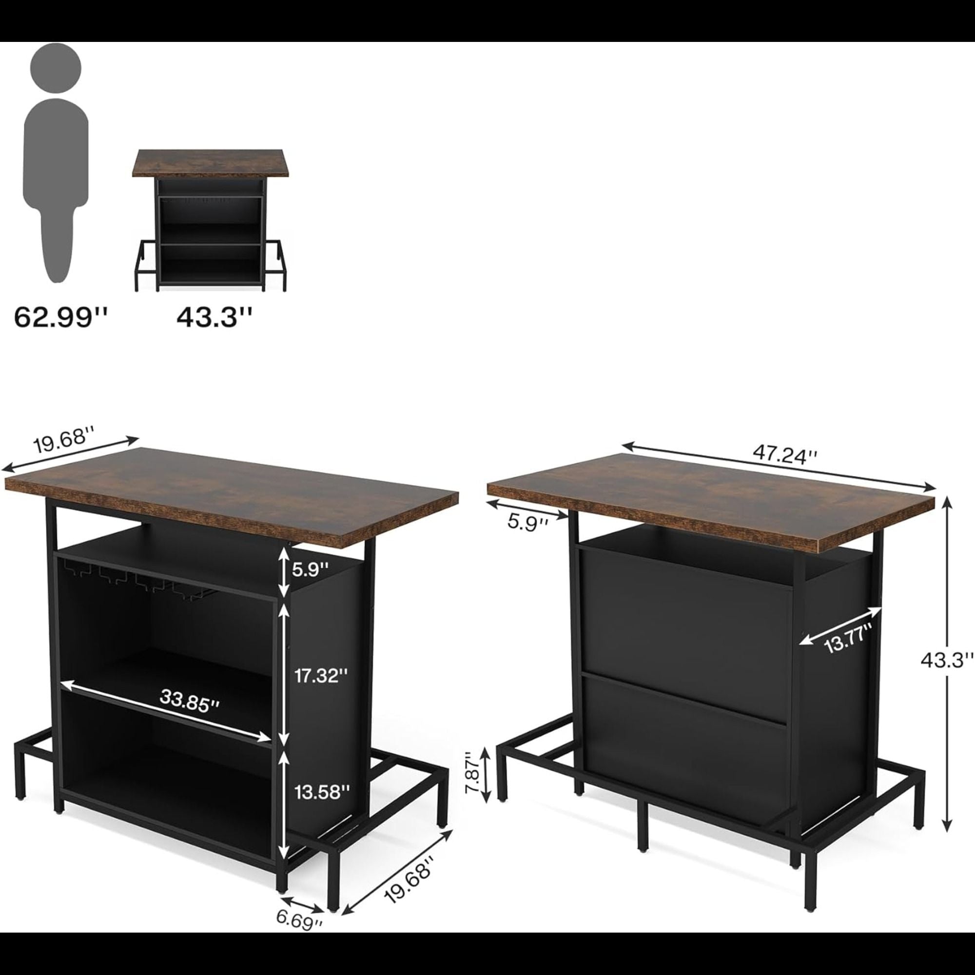 Home Bar Cabinet With 3 Tier Storage & 4 Wine Glass Racks - Brown / Black