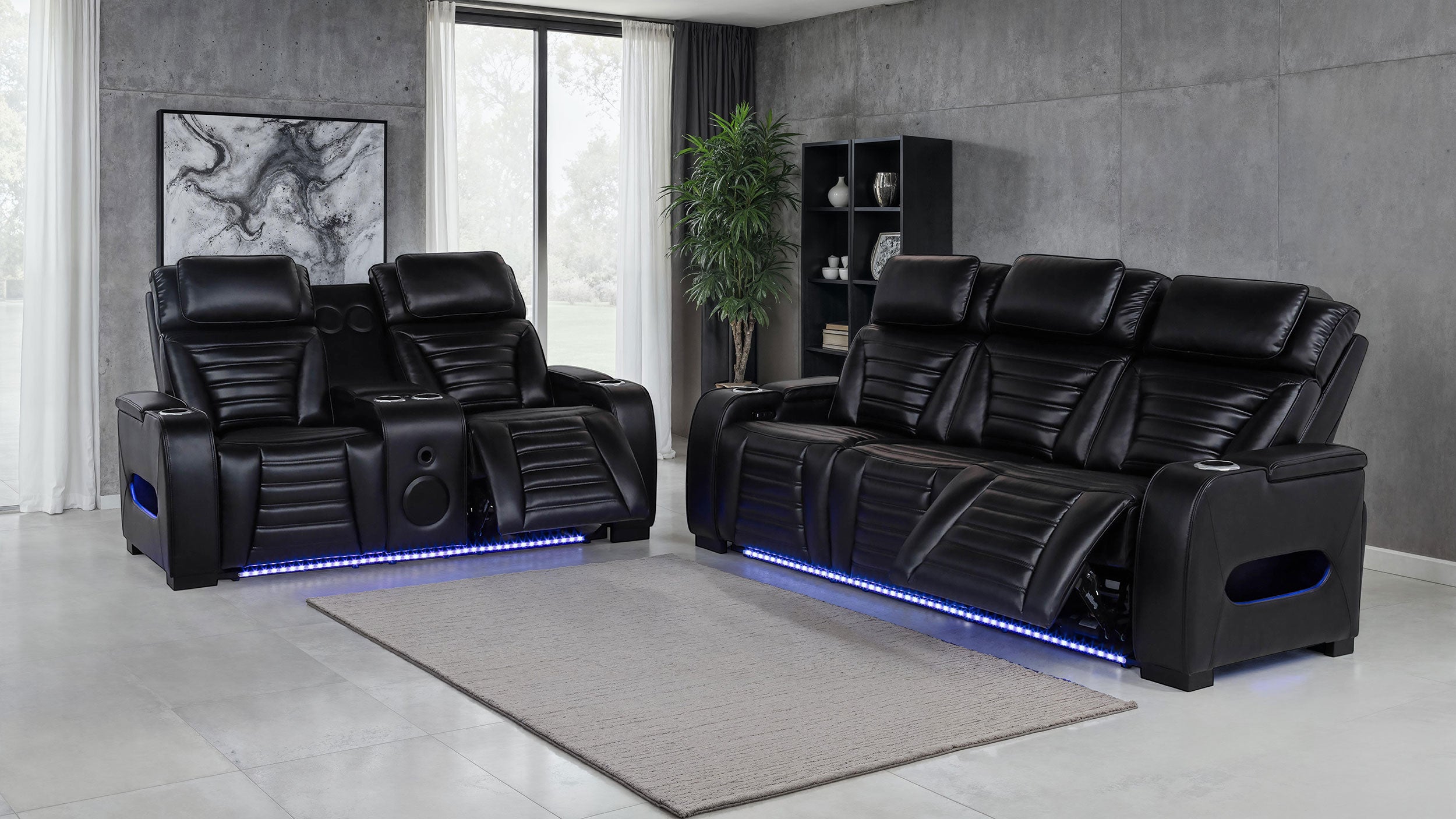 Zuma Faux Leather Dual Power Reclining LED Loveseat Black-