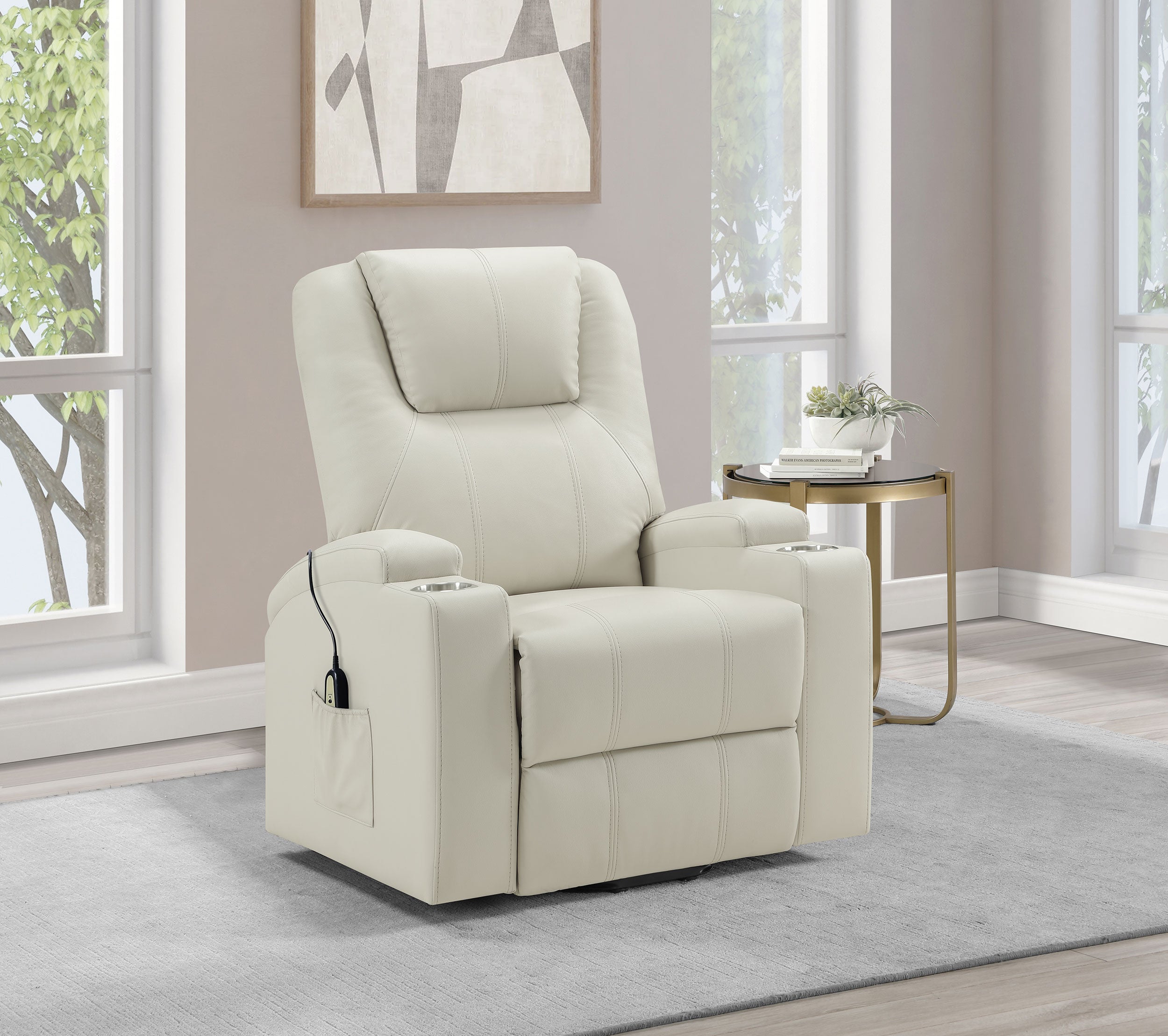 Armstrong Upholstered Power Lift Massage Recliner Ivory-