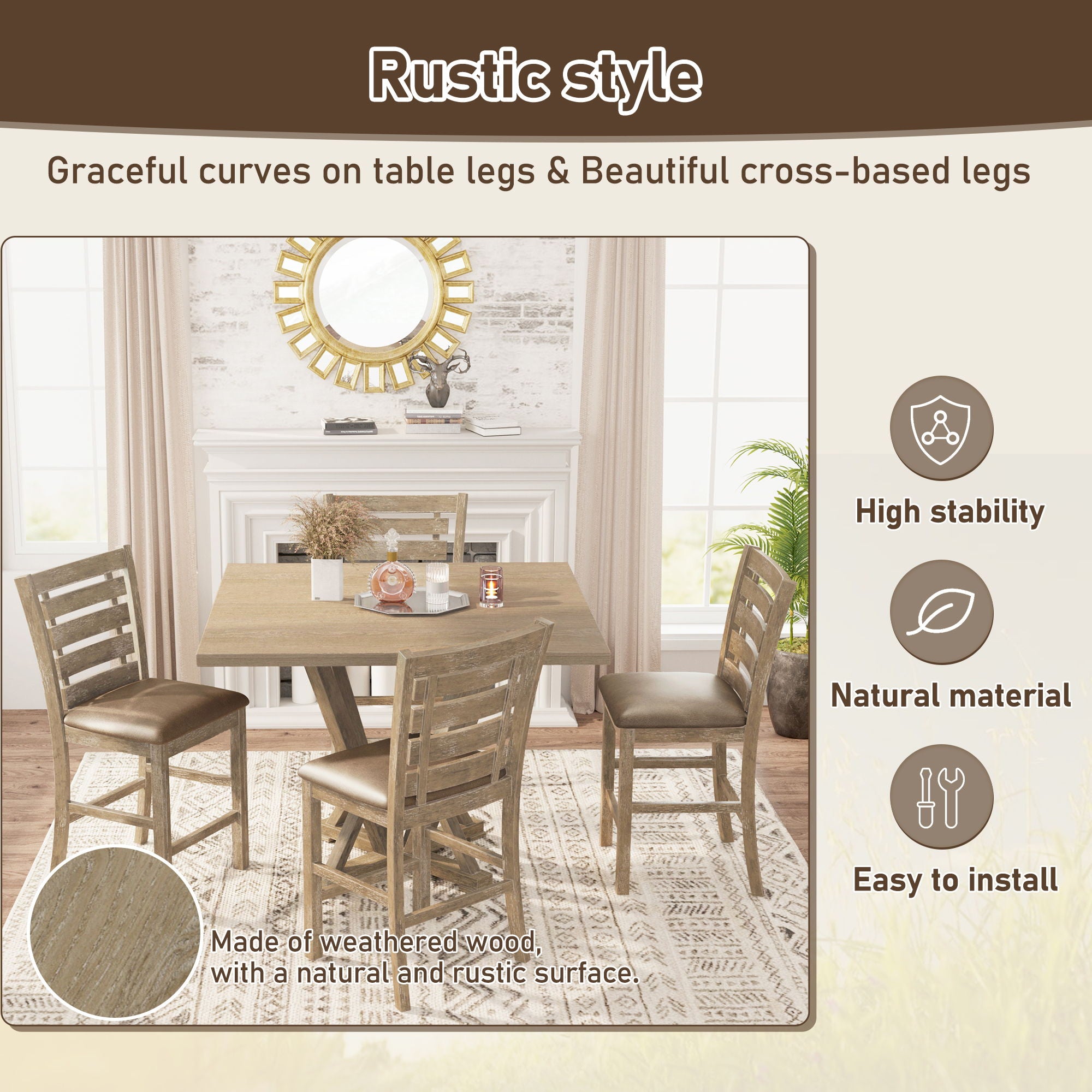 Modern Farmhouse Square Counter Table Solid Wood Rubberwood Antique Finishing Rustic Look Distressed Look Wire Brushed For 4 Seaters - Grayish Brown