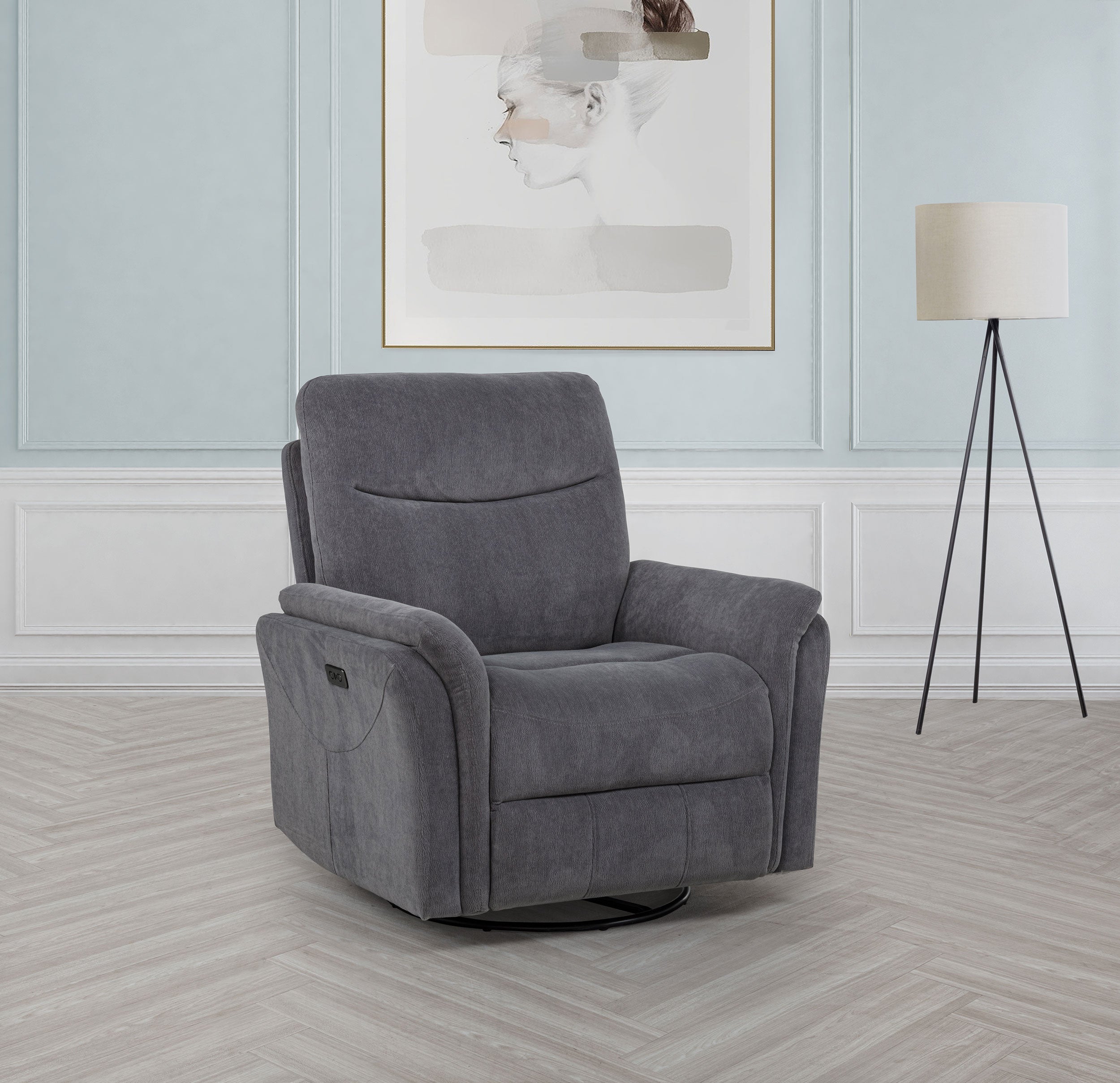 Adler Upholstered Power Swivel Glider Recliner Charcoal Grey-