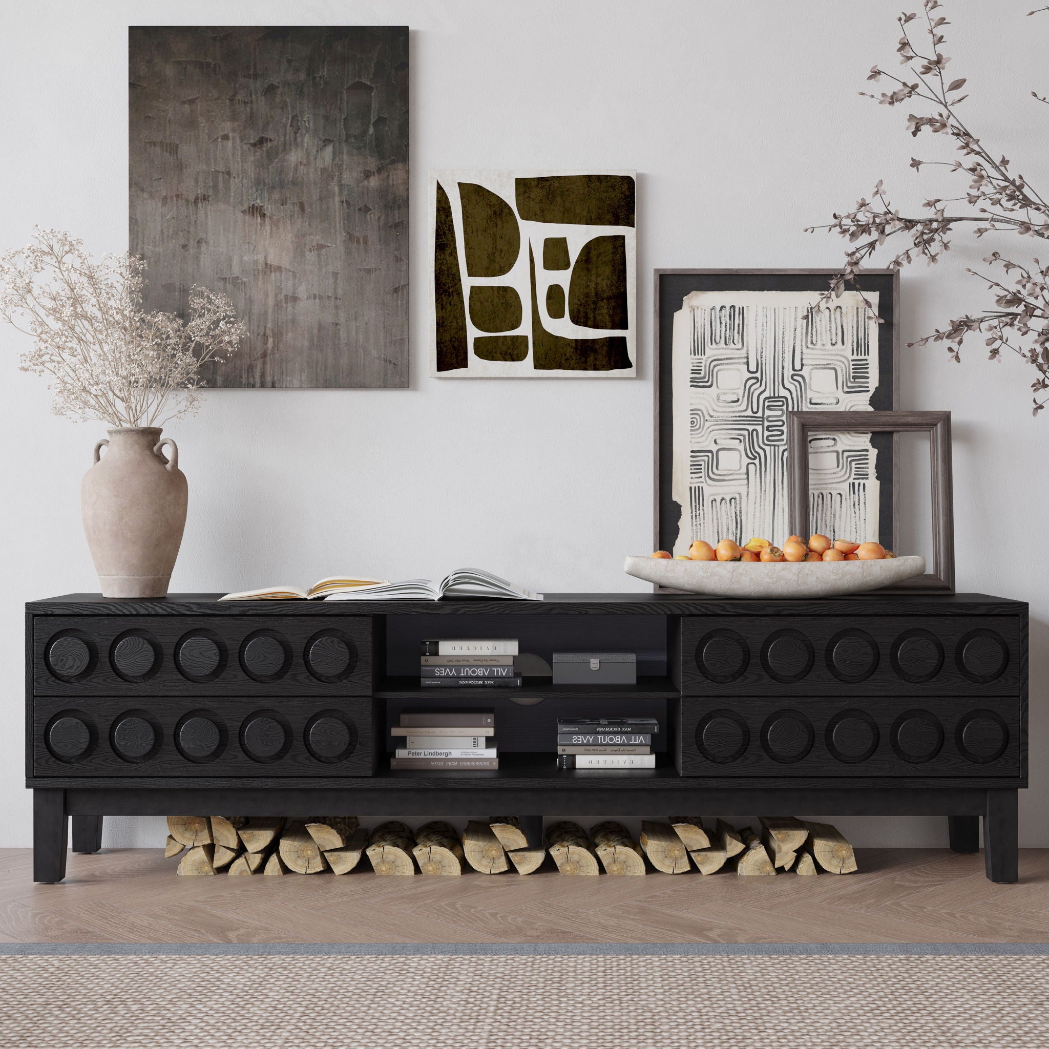 Media Console With 4 Drawers And Cable Management