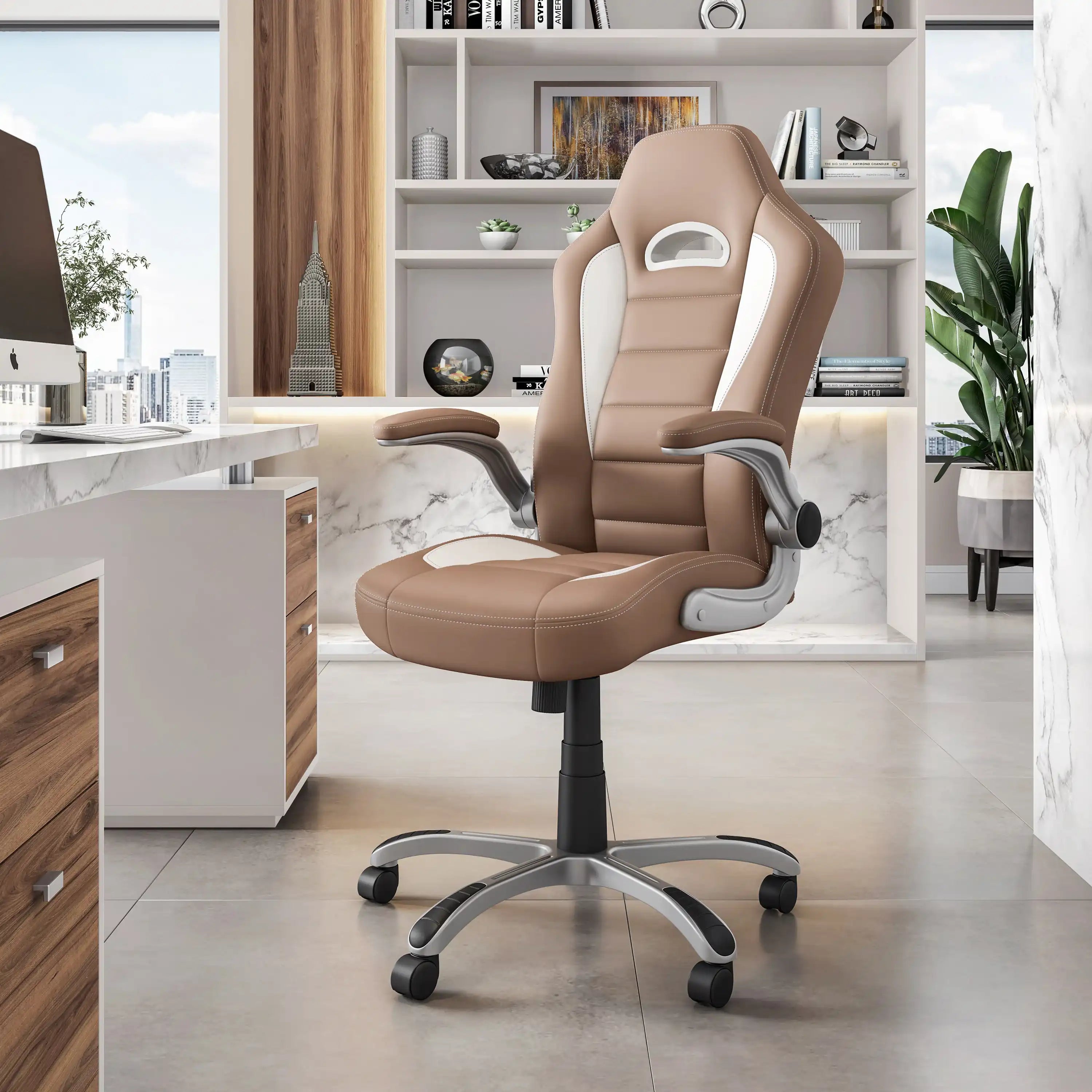 Techni Mobili High Back Executive Sport Race Office Chair with Flip-Up Arms, Camel - Best Buy Furniture