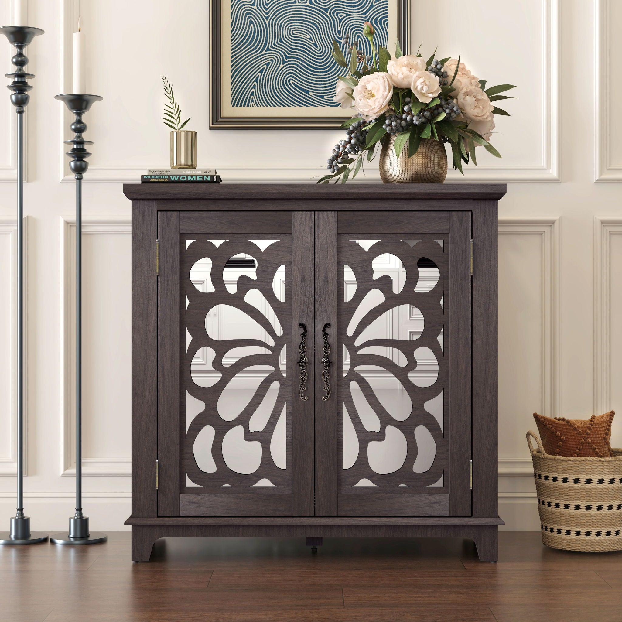 Elegant Sideboard With 2 Acrylic Mirrored Doors, Adjustable Shelf Storage