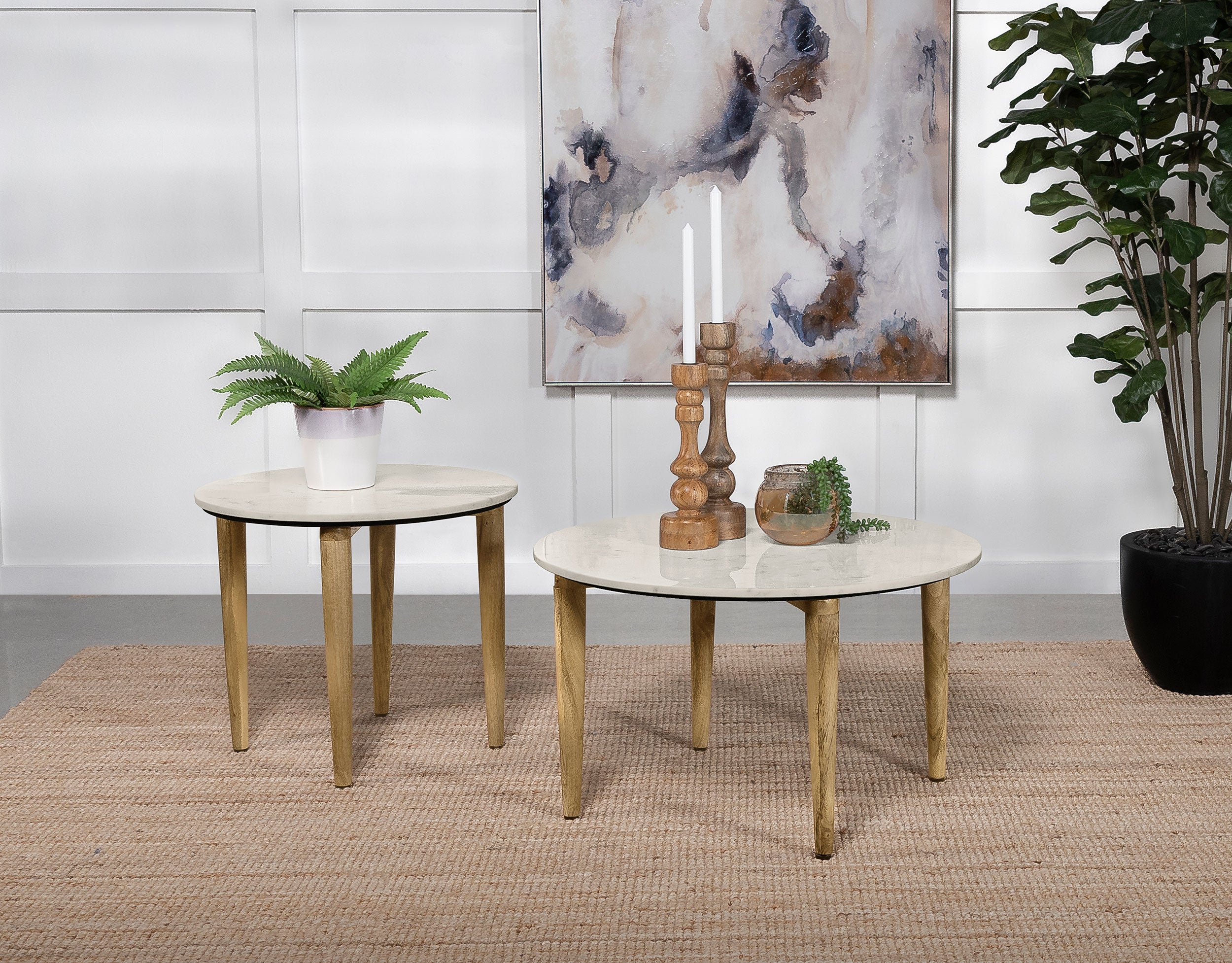 Aldis Round Marble Top Side End Table White and Natural-