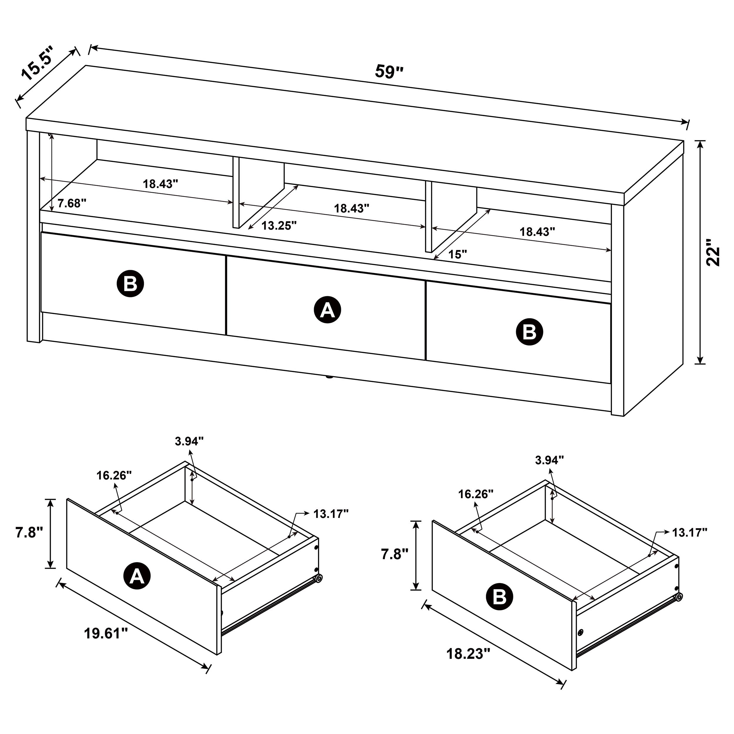 Rutland 59-inch 3-drawer TV Stand Media Console Black-