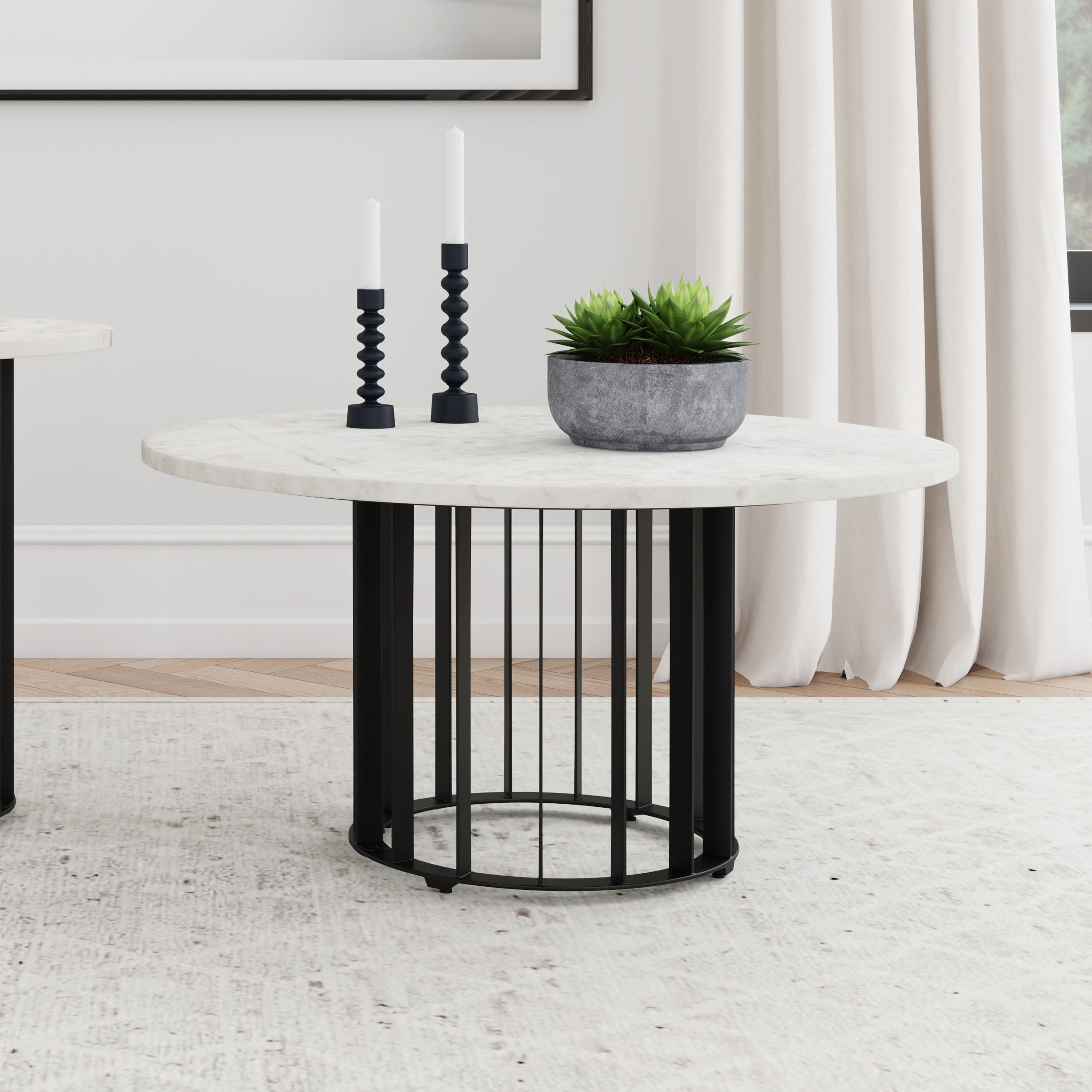 Haven Round Genuine White Marble Top Coffee Table Black-