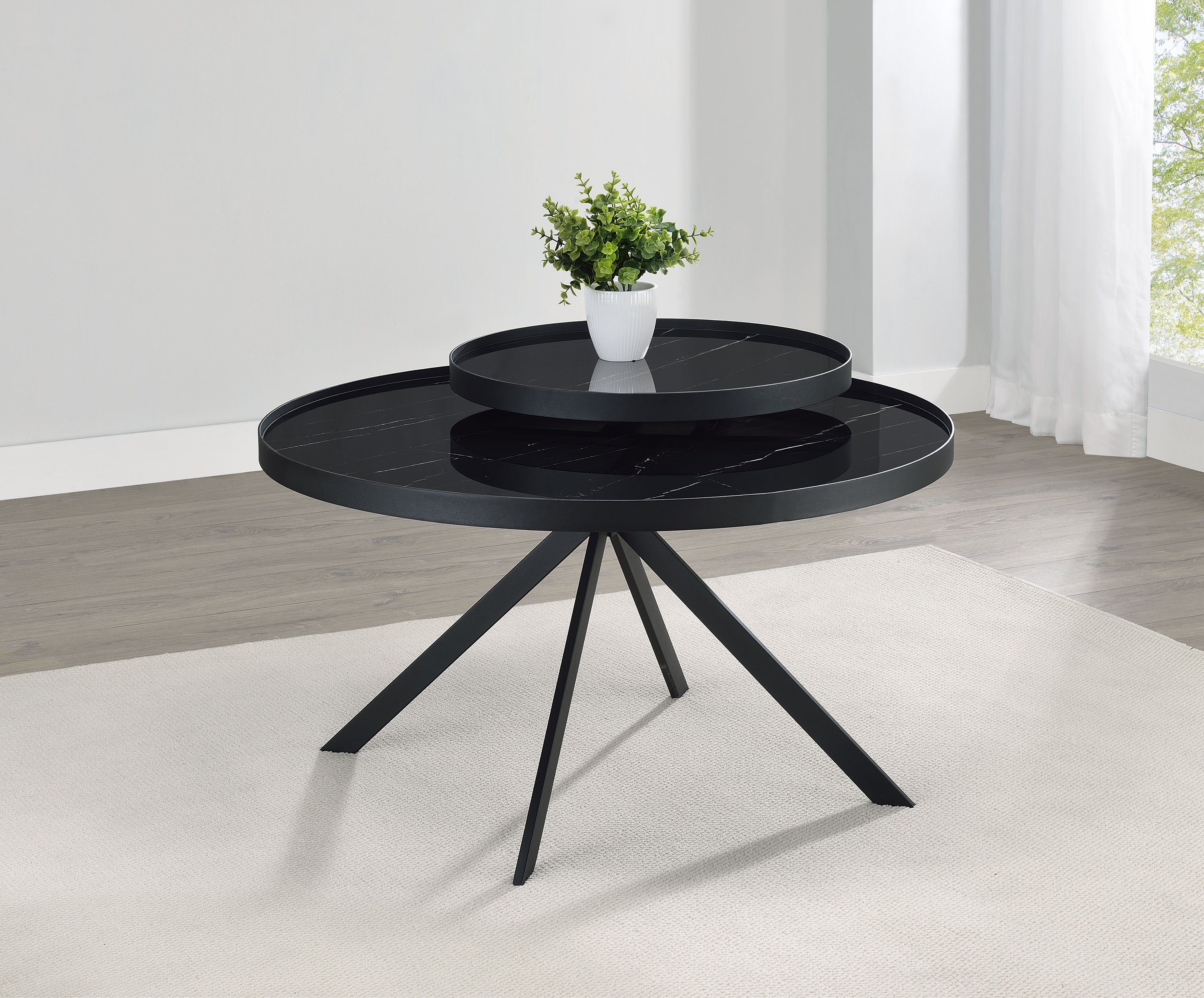 Briggs Round Marble Printed Glass Top Coffee Table Black-
