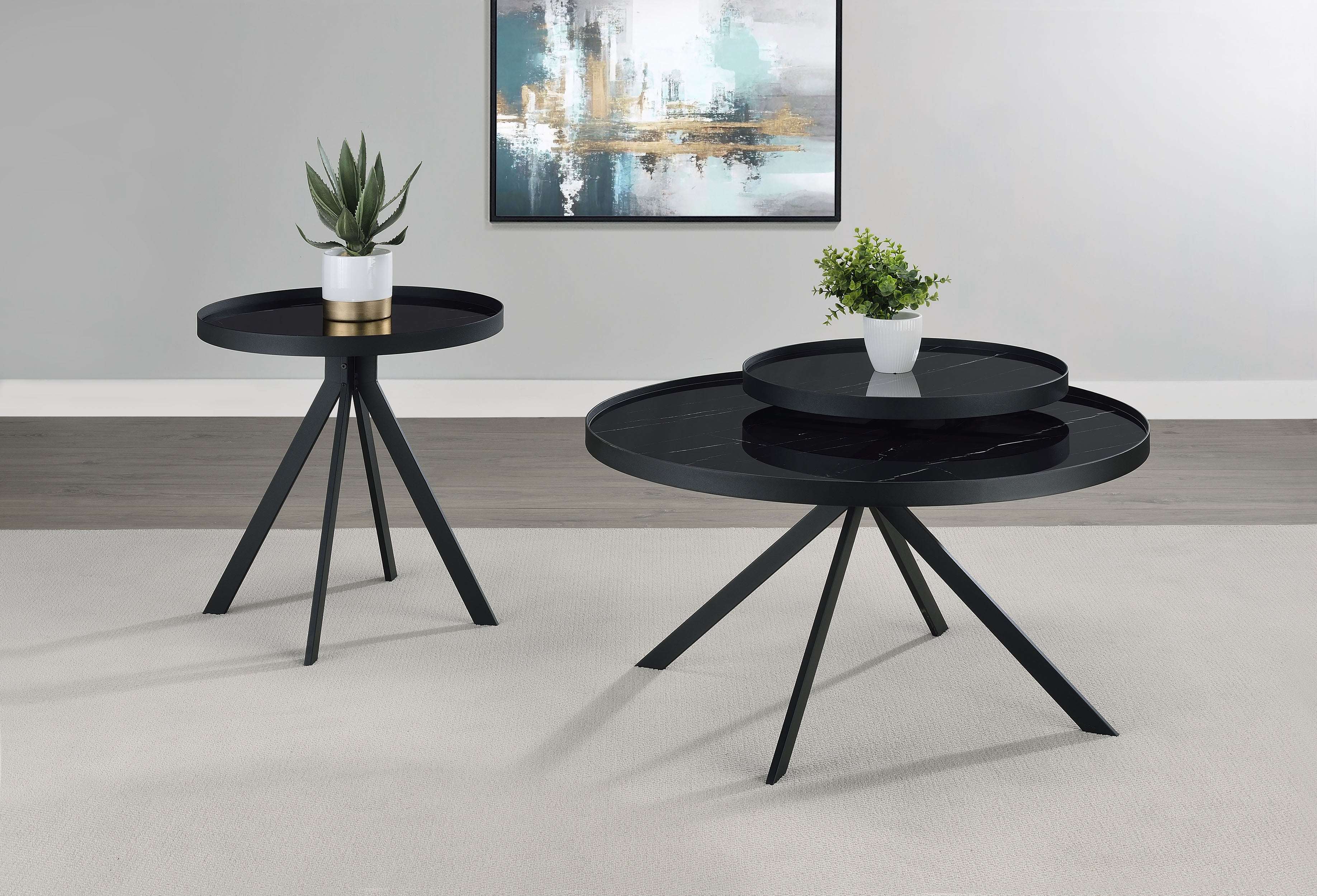 Briggs Round Marble Printed Glass Top Coffee Table Black-