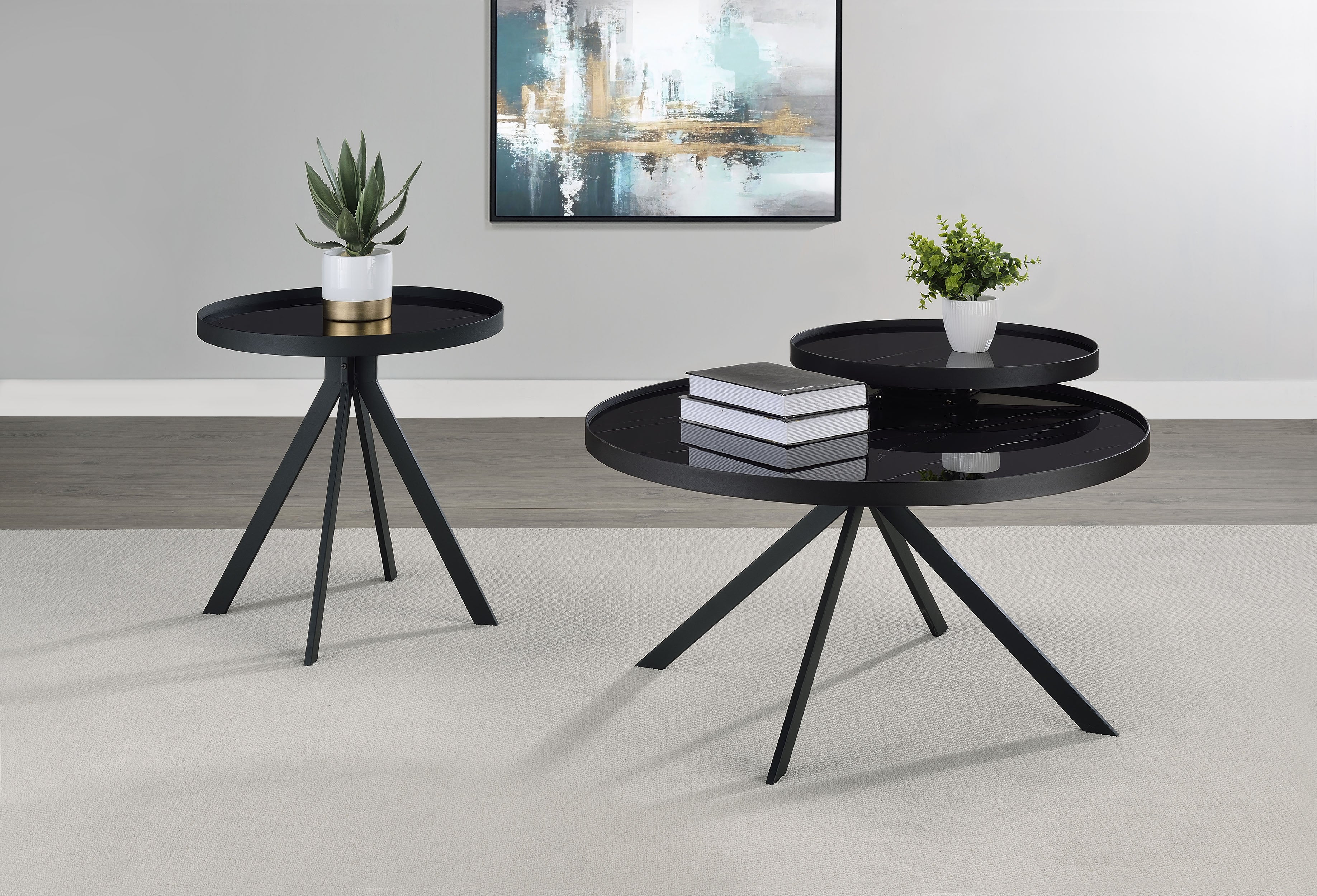 Briggs Round Marble Printed Glass Top Coffee Table Black-
