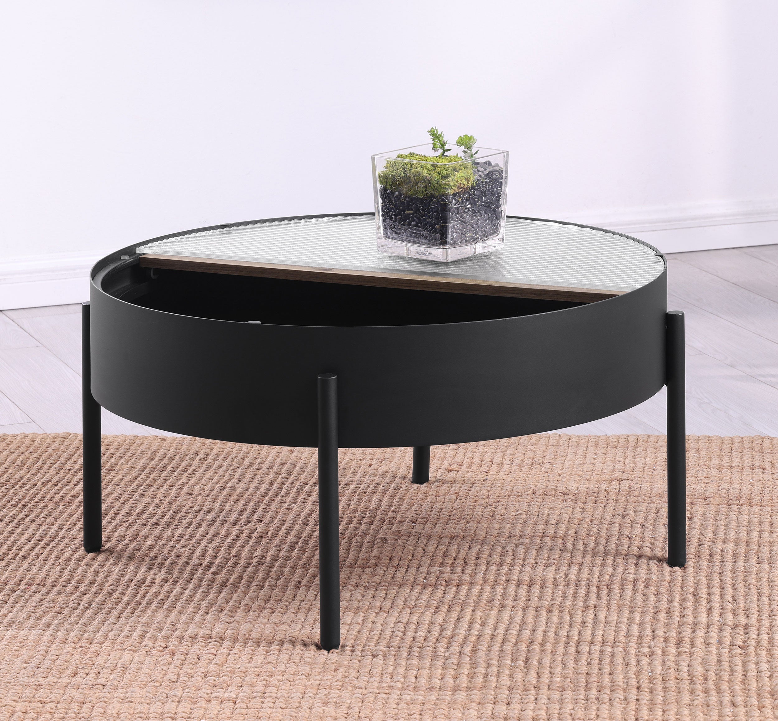 Ozella Round Coffee Table with Hidden Storage Sandy Black-