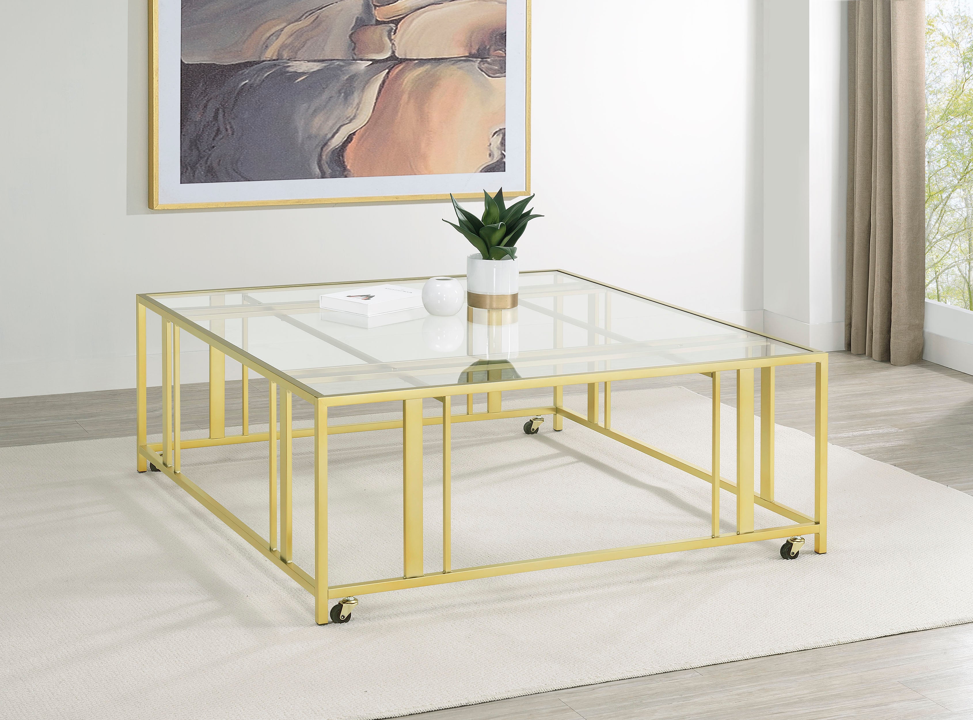 Adri Square Glass Top Coffee Table with Casters Matte Brass-