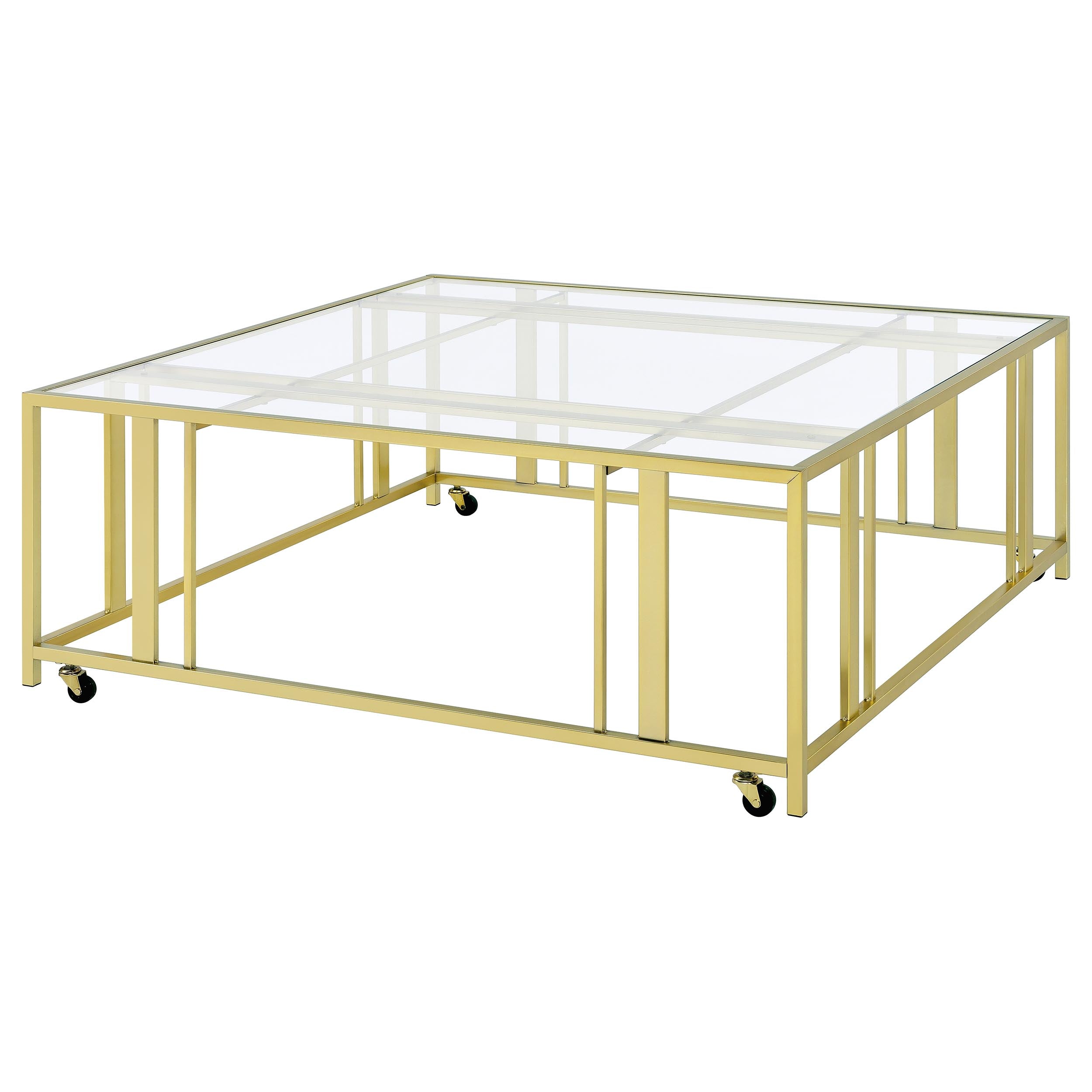 Adri Square Glass Top Coffee Table with Casters Matte Brass-