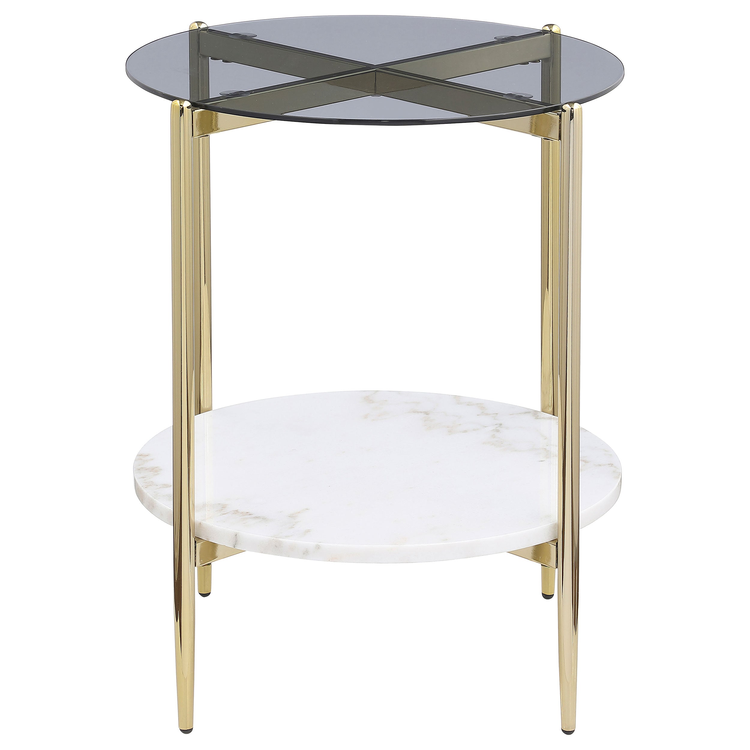 Jonelle Round Glass Top End Table White Marble Shelf Gold-