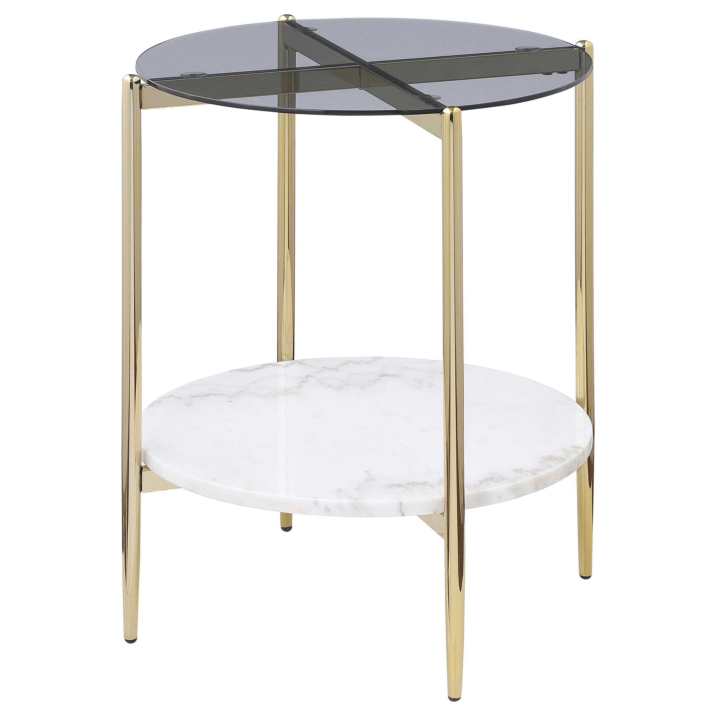 Jonelle Round Glass Top End Table White Marble Shelf Gold-