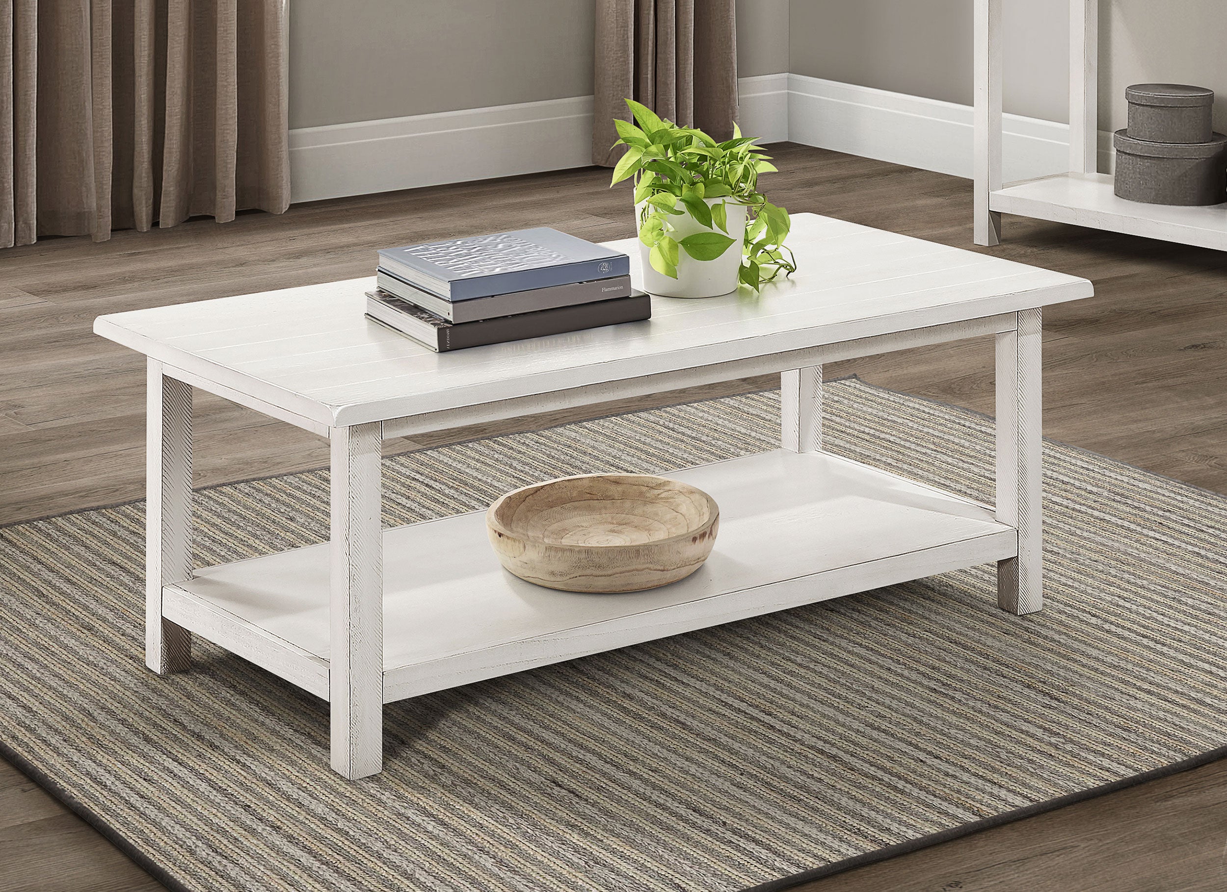 Payne Wood Coffee Table with Shelf Distressed White-