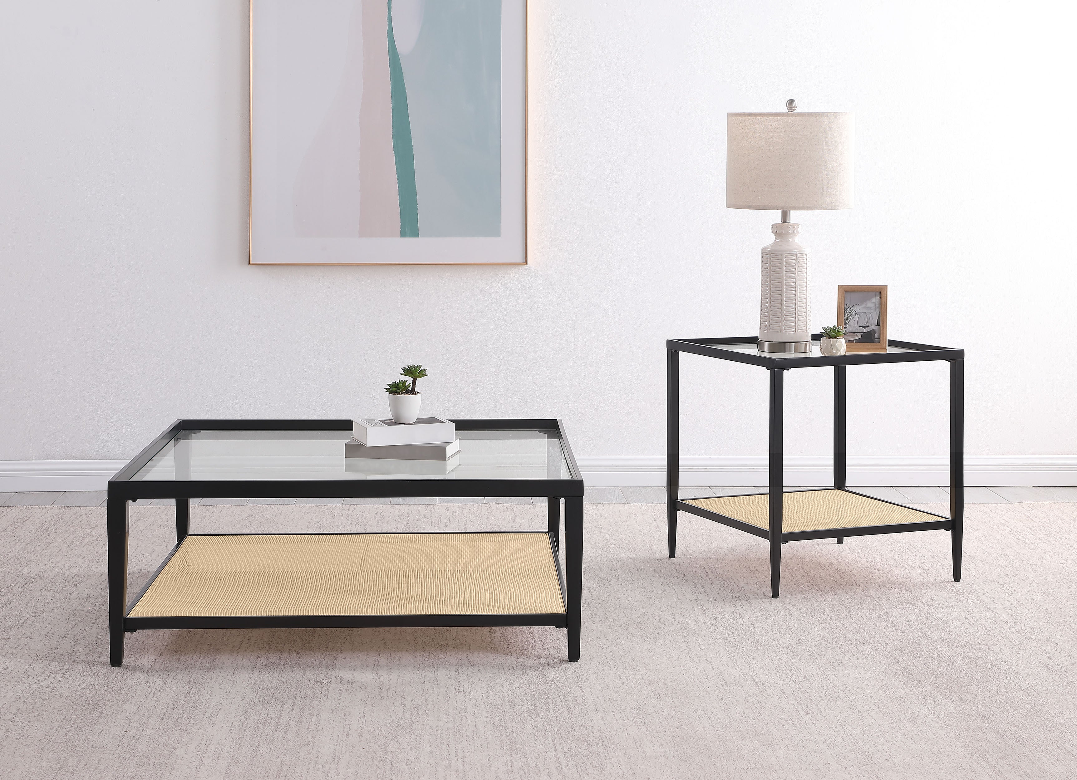 Amherst Glass Top Metal with Cane Shelf Coffee Table Black-