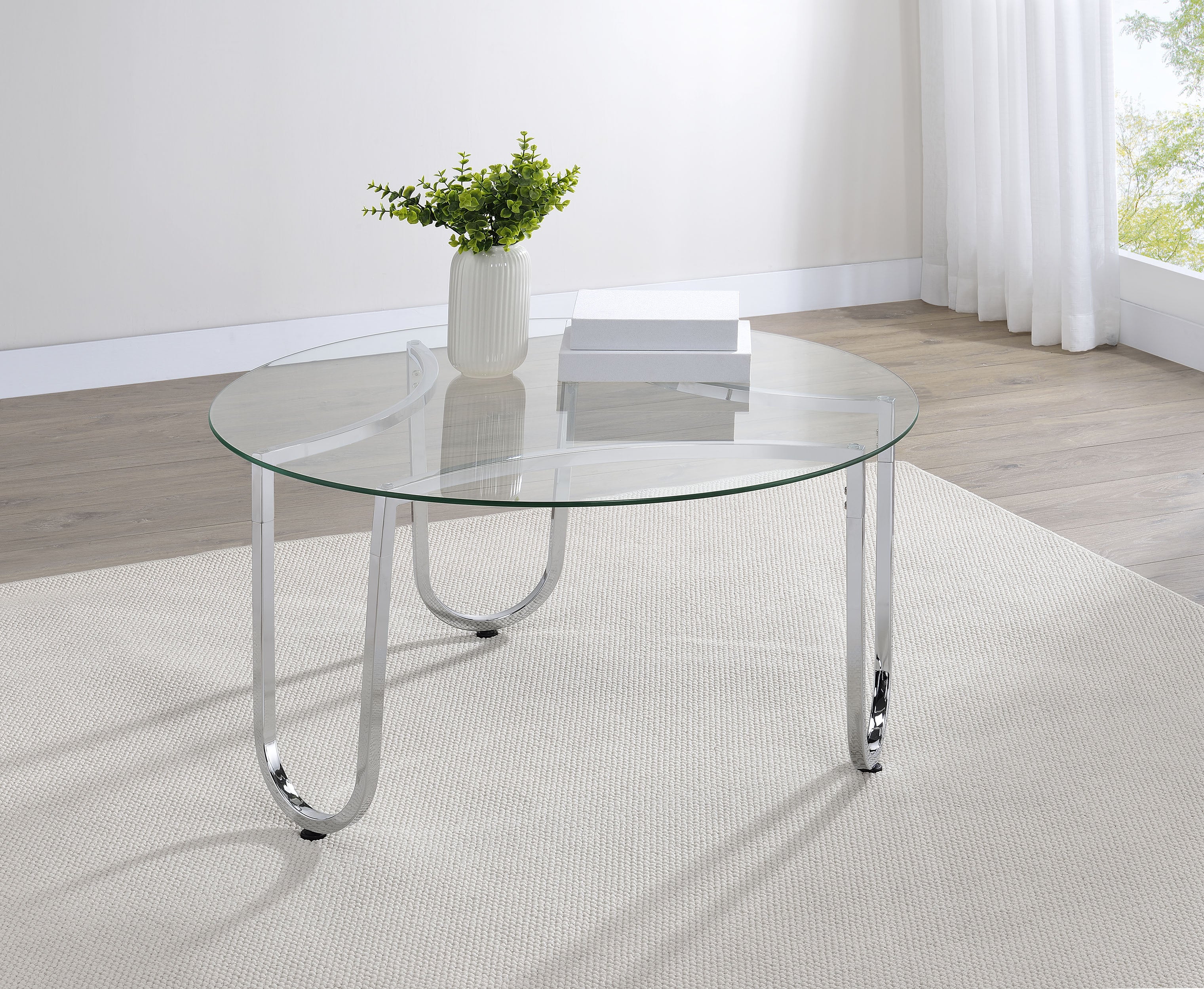 Beller Round Tempered Glass Top Cocktail Coffee Table Chrome-