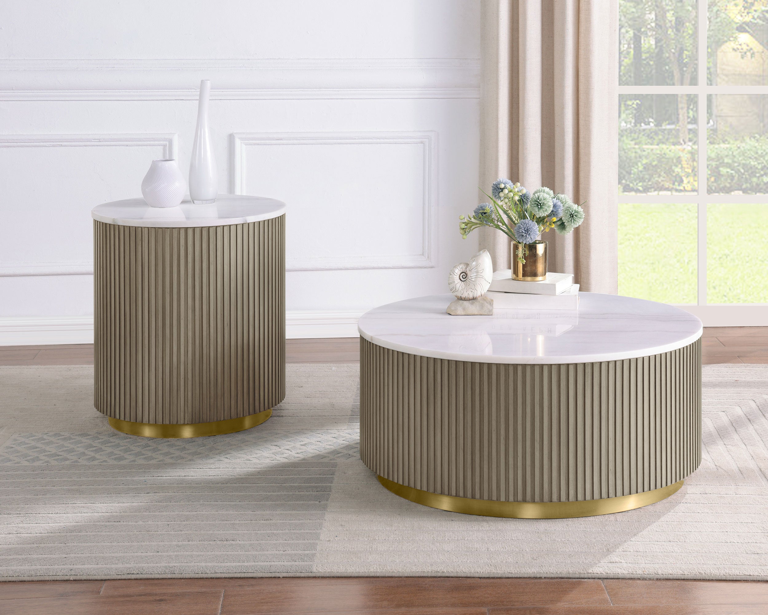 Jason Round White Marble Top Coffee Table Greige-