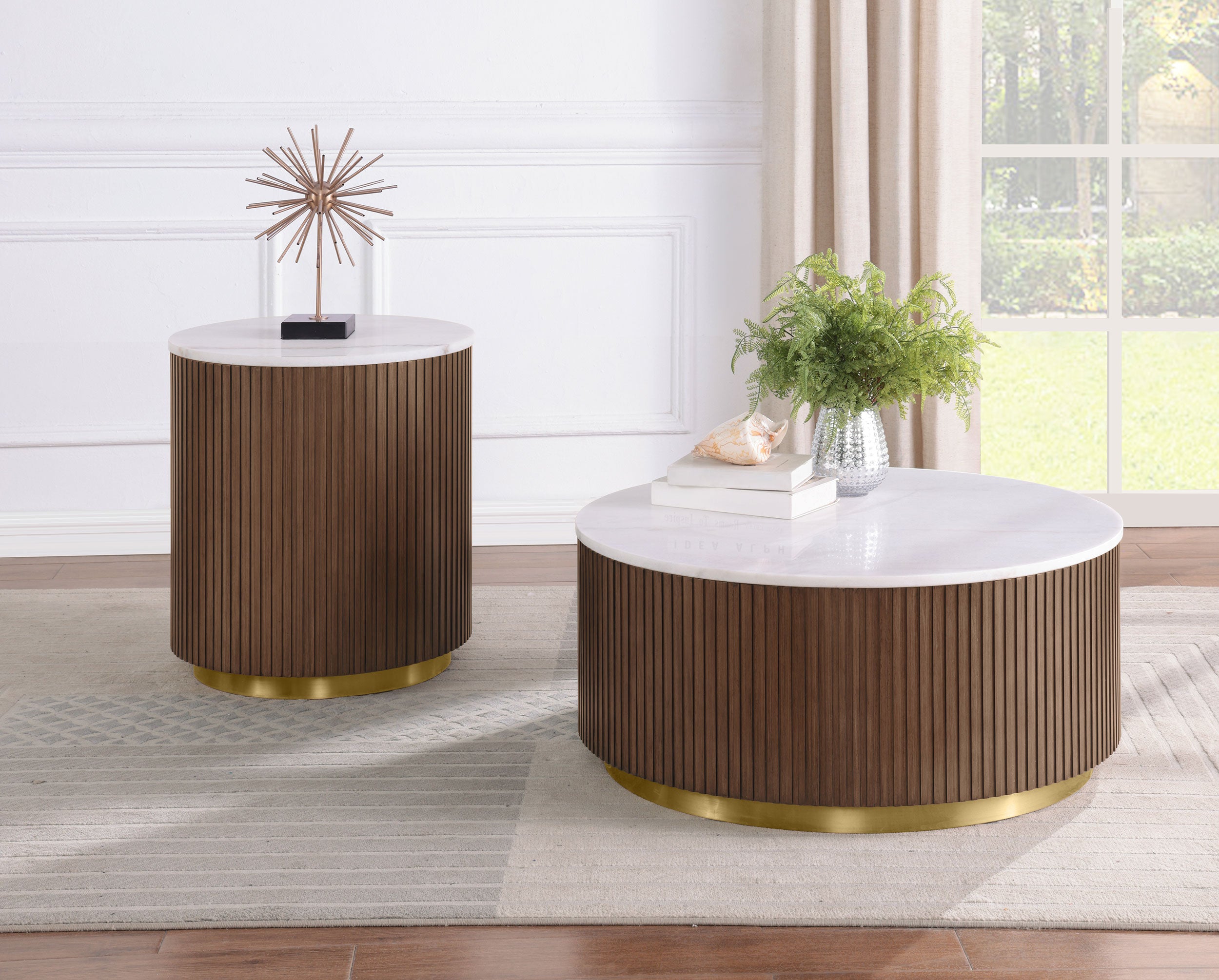 Jason Round White Marble Top Coffee Table Honey Brown-