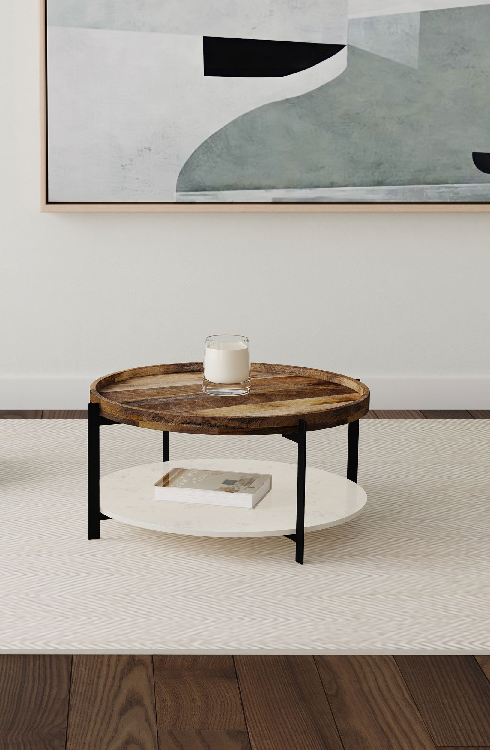 Adhvik Round Wood Top Marble Shelf Coffee Table Natural-