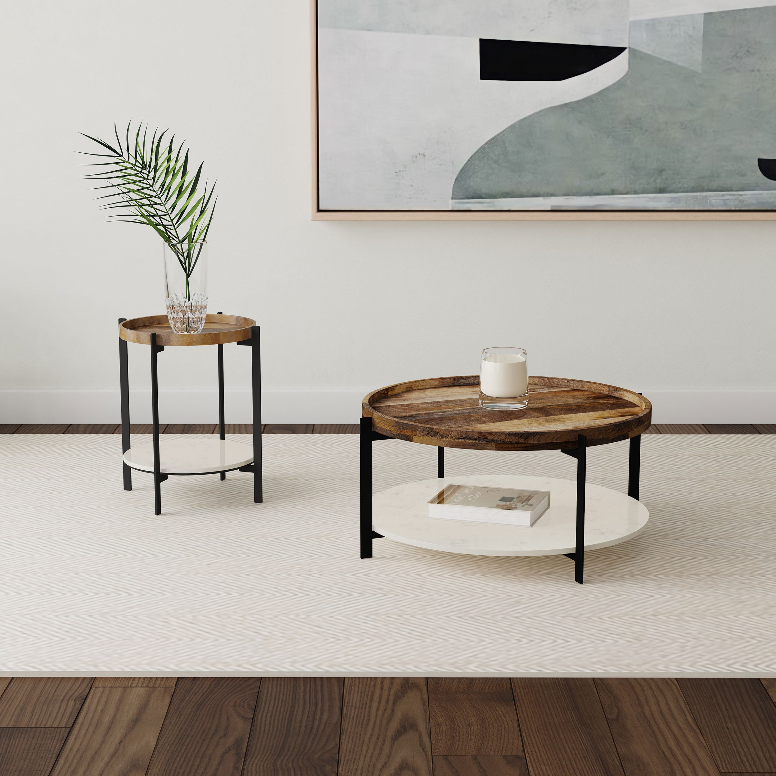 Adhvik Round Wood Top Marble Shelf Coffee Table Natural-
