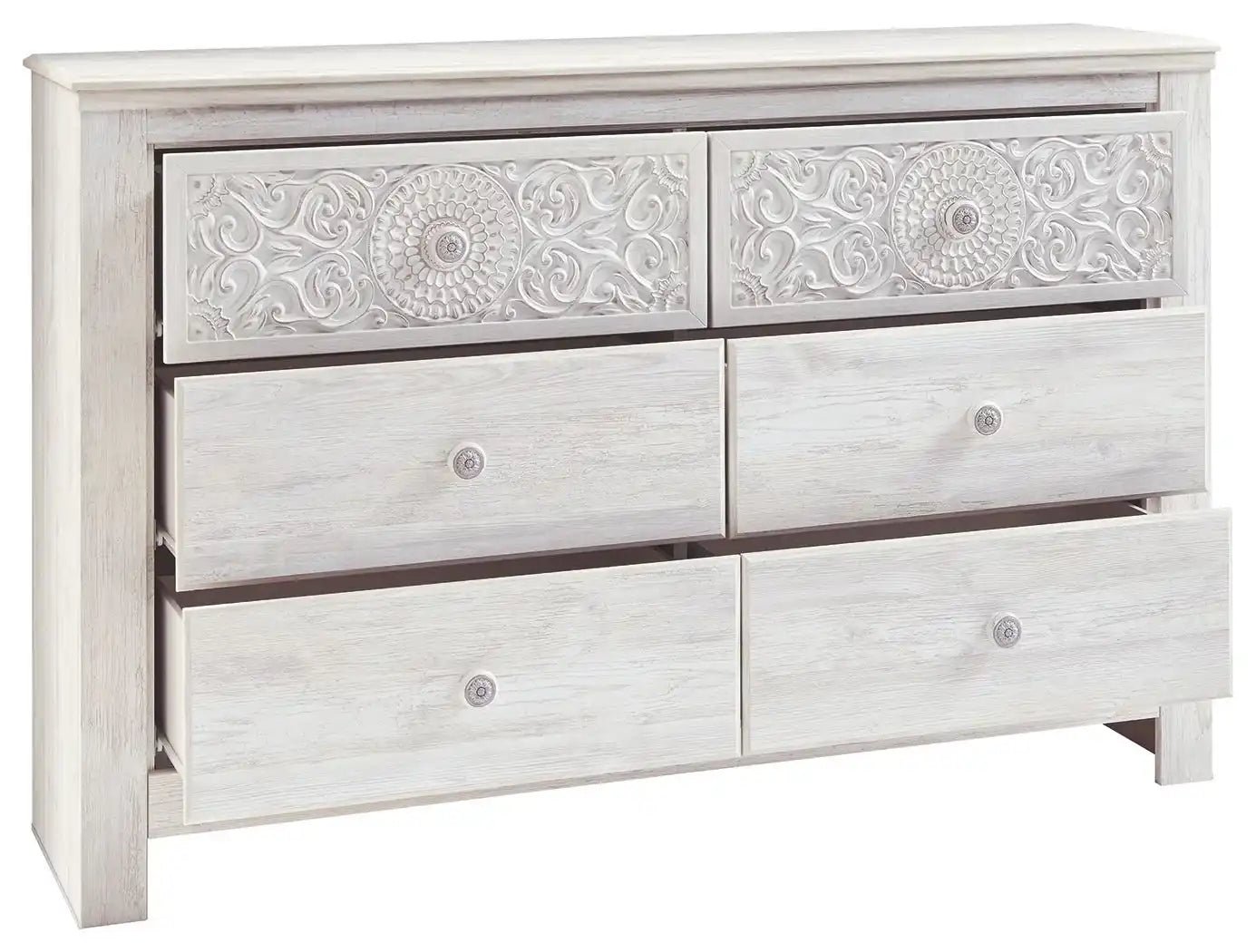 Paxberry - Six Drawer Dresser - Medallion Drawer Pulls - Whitewash - Best Buy Furniture
