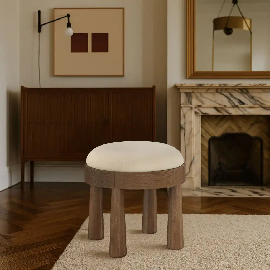Larea - Linen Textured Fabric Upholstered Ottoman - Walnut Base