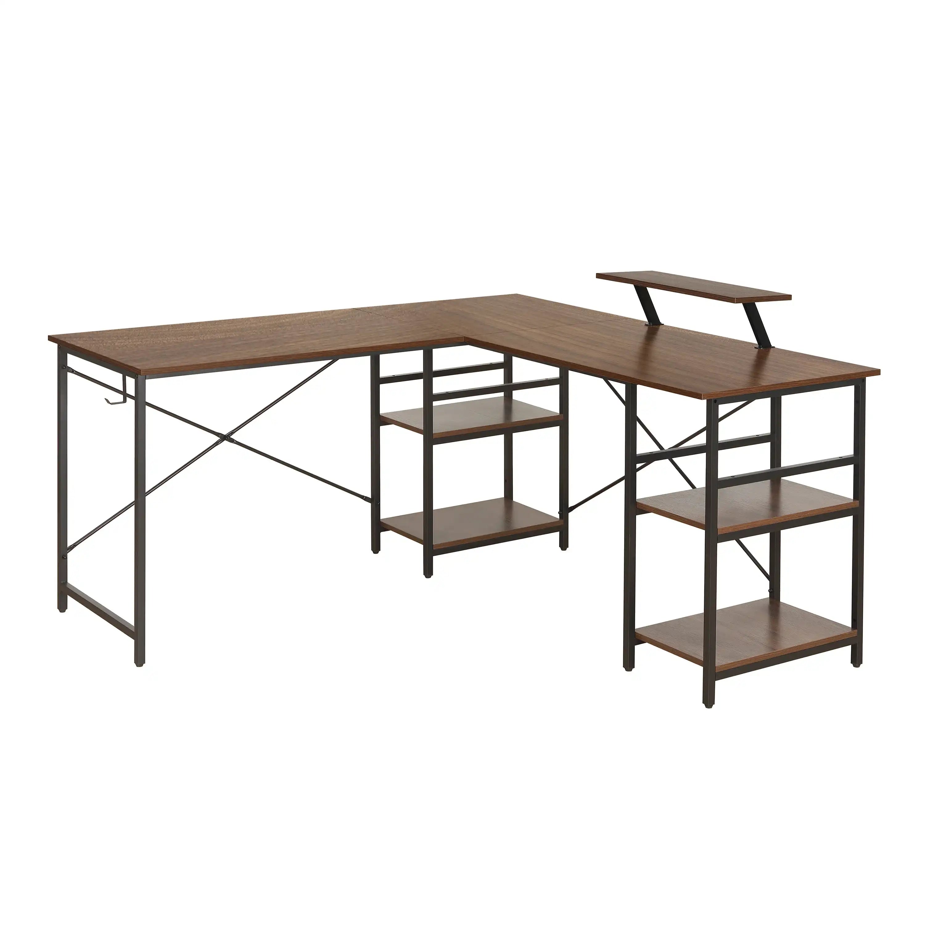 Techni Mobili L-Shape Industrial Desk with storage shelves, Walnut - Best Buy Furniture