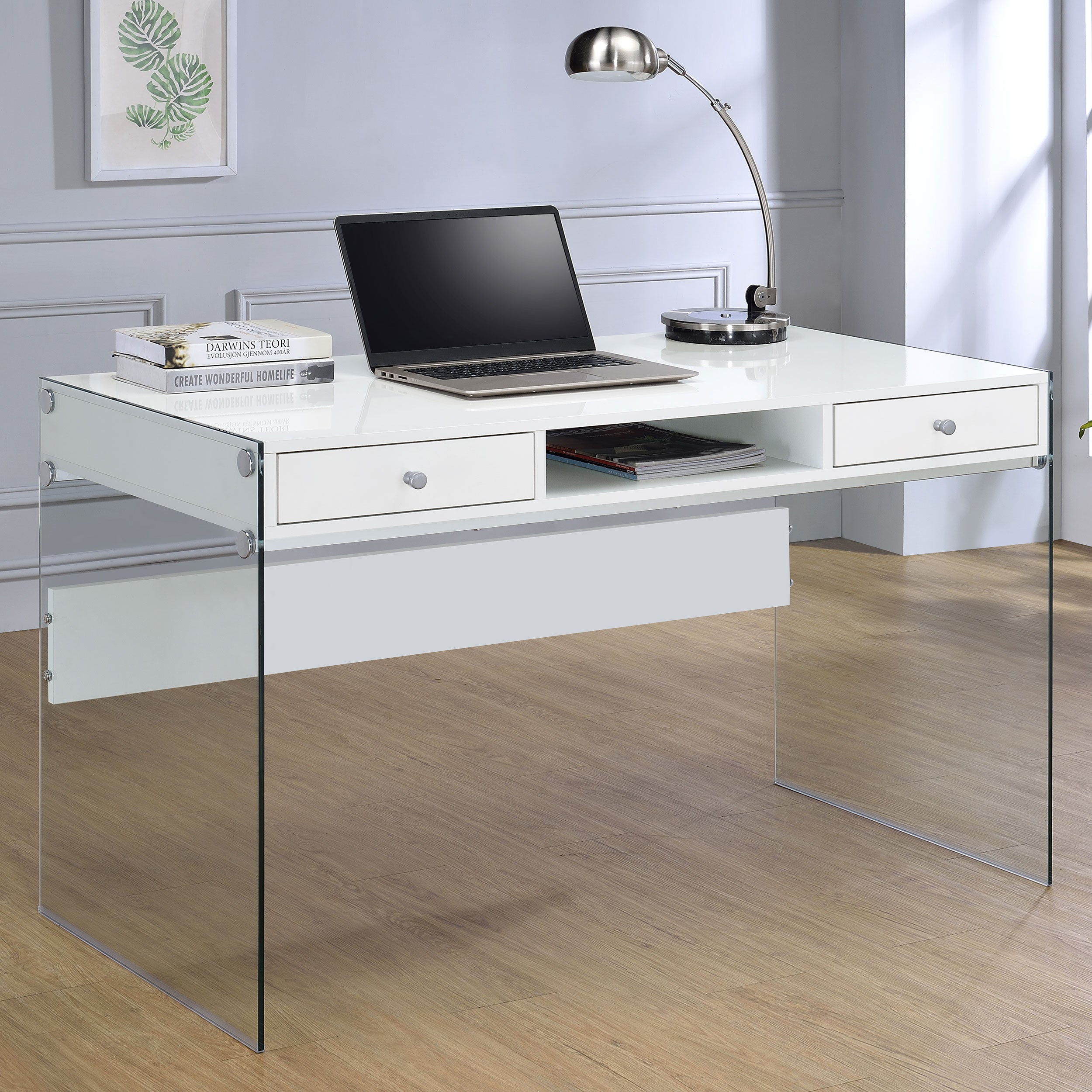 Dobrev 48-inch 2-drawer Writing Desk White High Gloss-CoasterEveryday