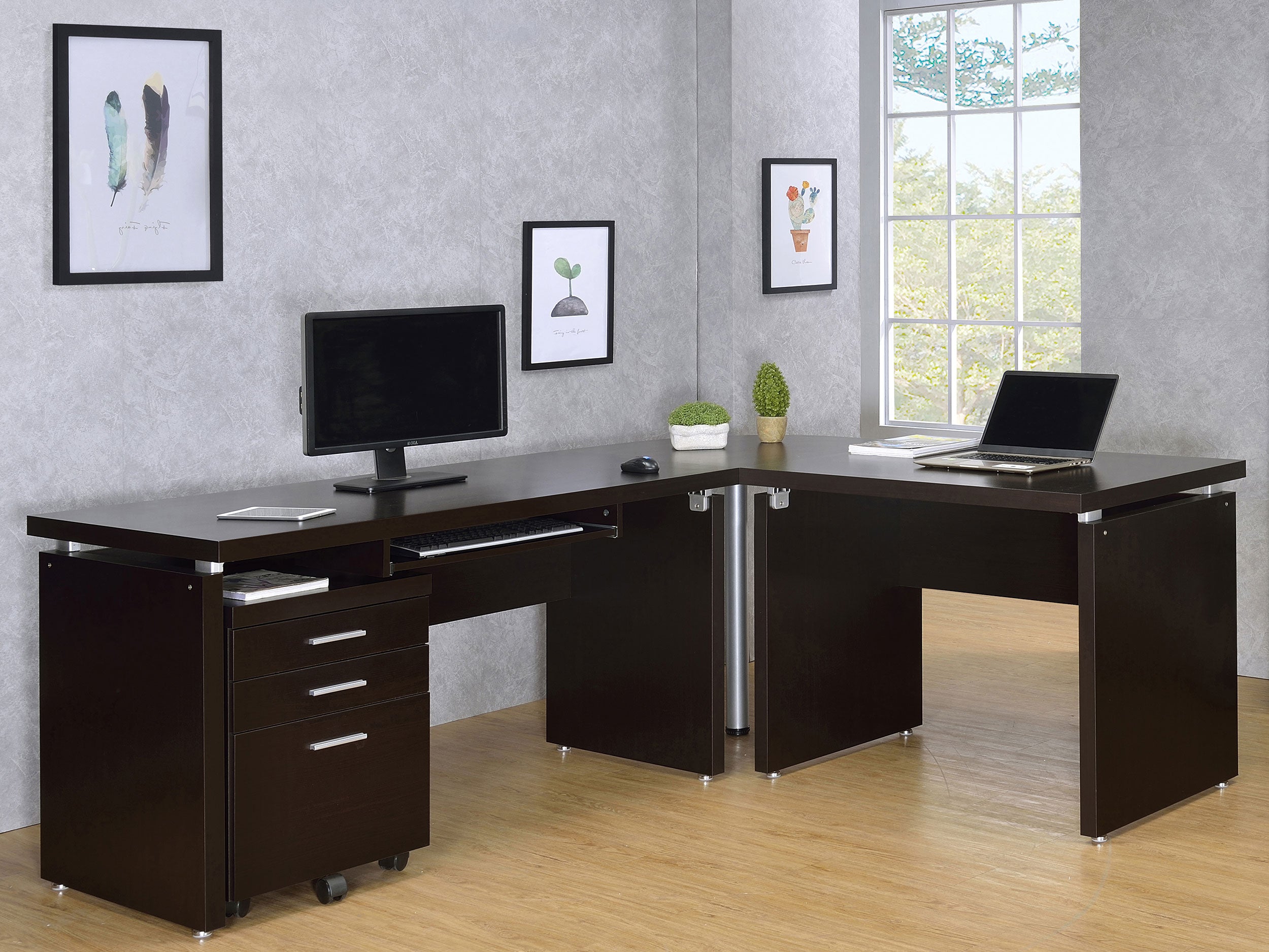 Skylar L-Shape Desk with Mobile File Cabinet Cappuccino-CoasterEveryday