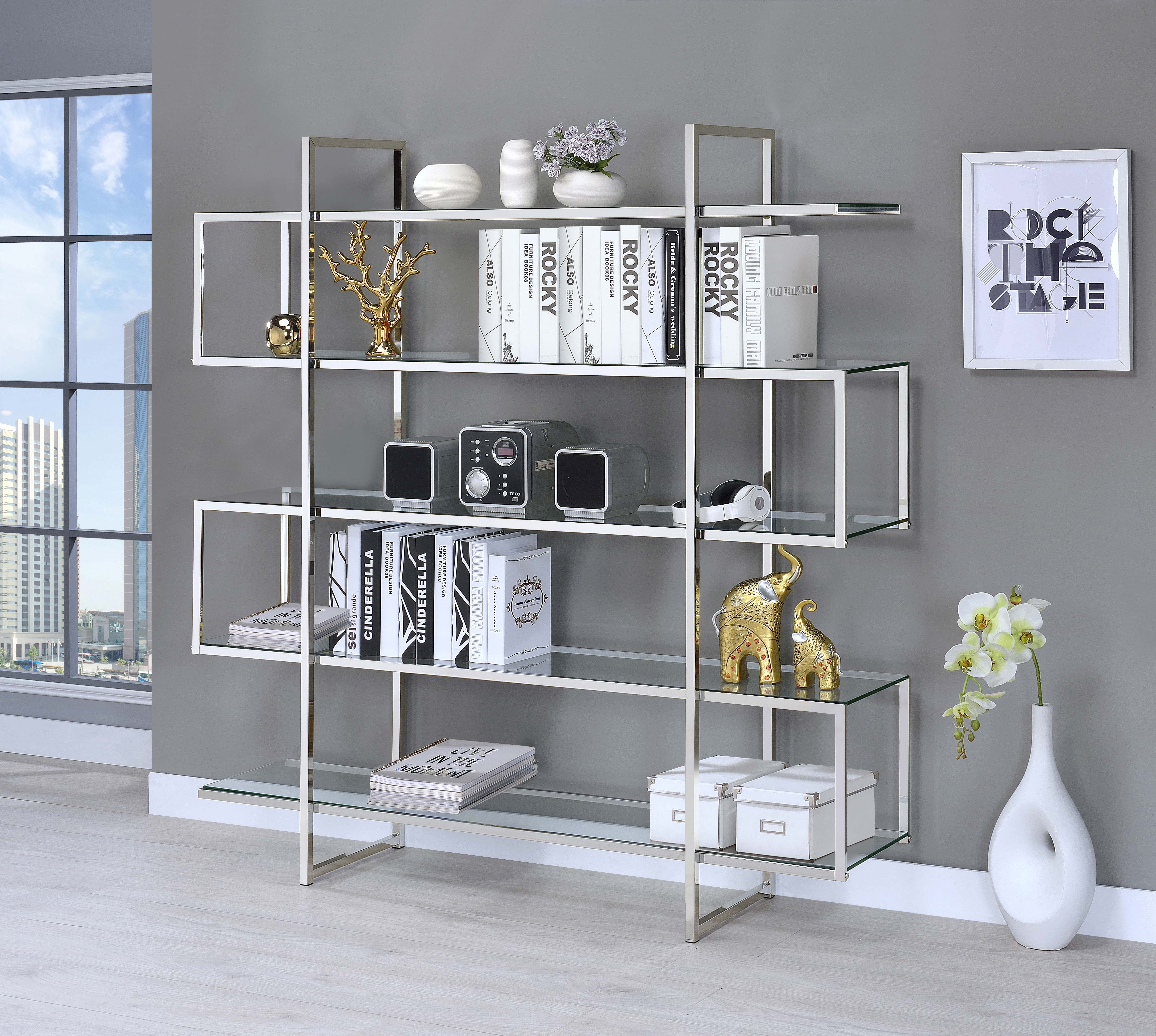 Elmer 63-inch 5-shelf Bookshelf Clear and Chrome-CoasterElevations