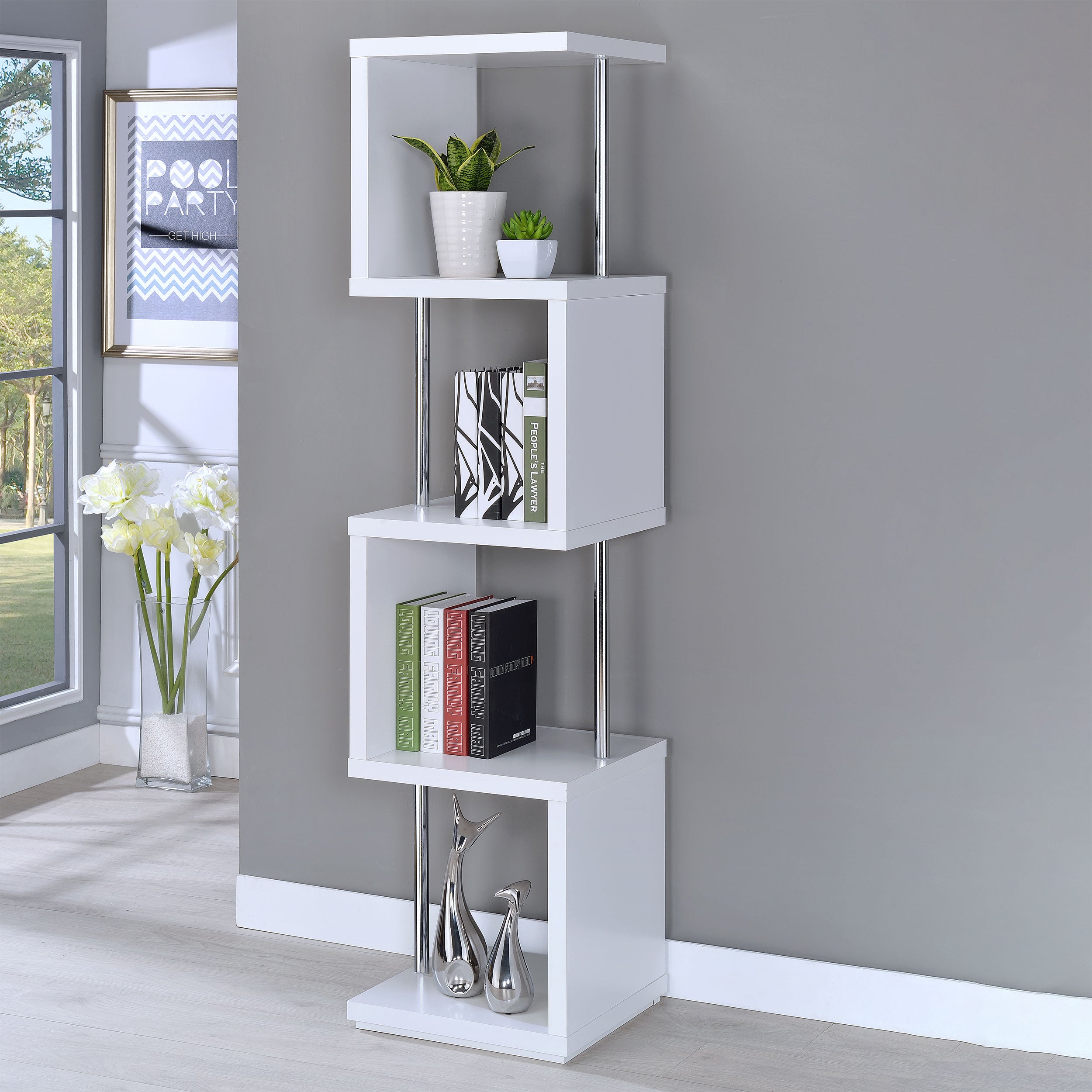 Baxter 67-inch 4-shelf Bookshelf White and Chrome-CoasterEveryday