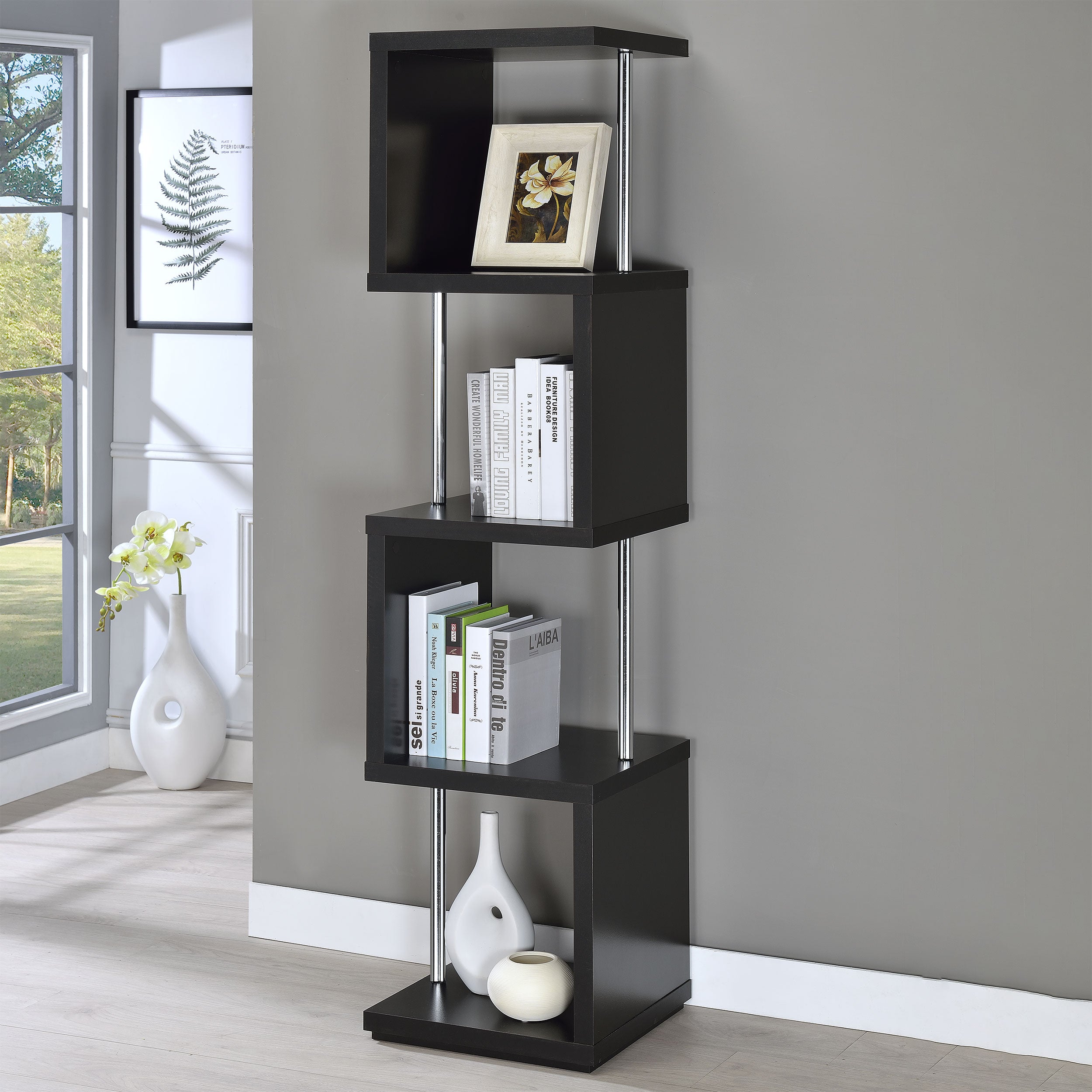 Baxter 67-inch 4-shelf Bookshelf Black and Chrome-CoasterEveryday