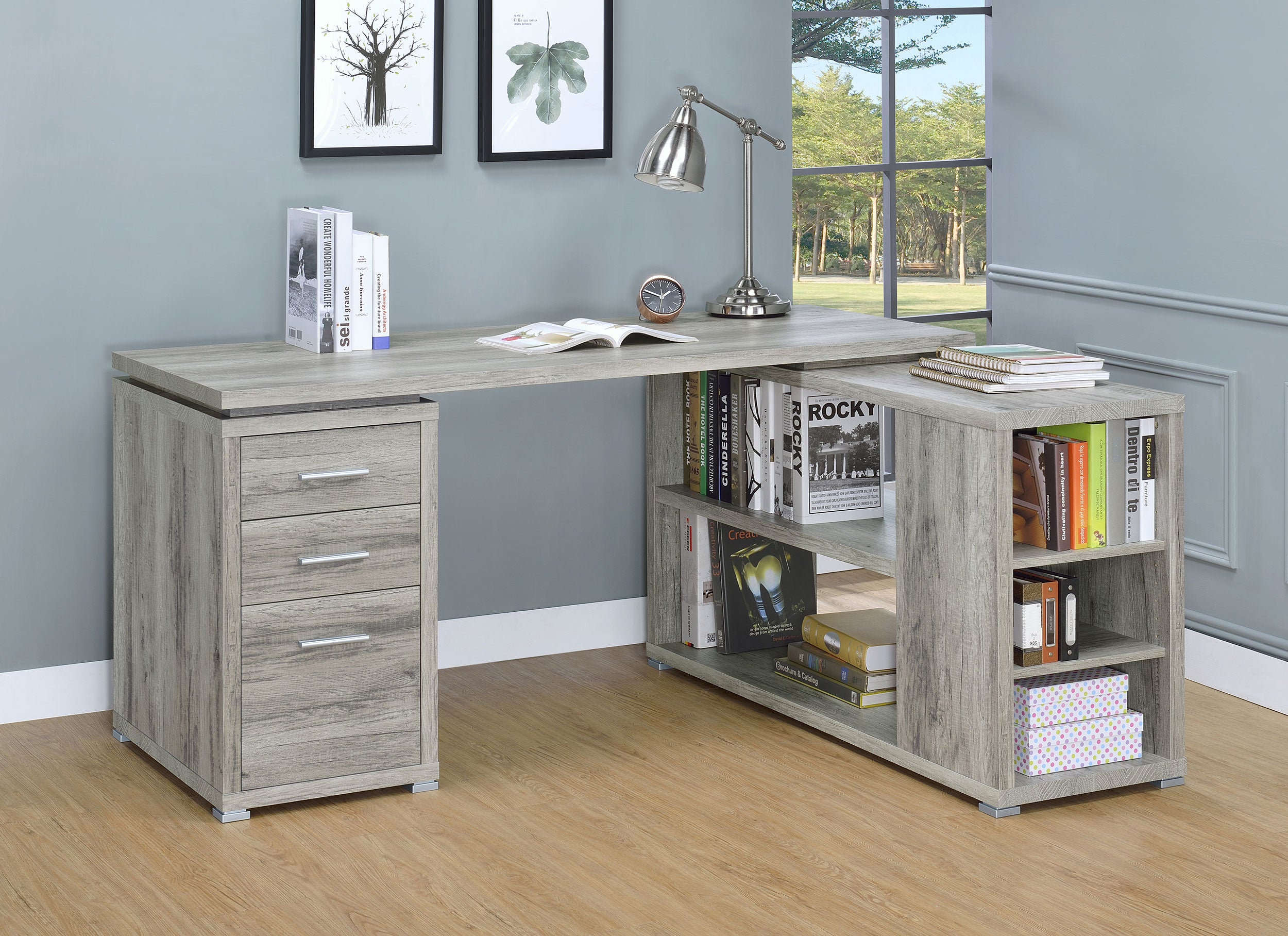 Yvette 60-inch 3-drawer L-Shape Computer Desk Grey Driftwood-CoasterEveryday