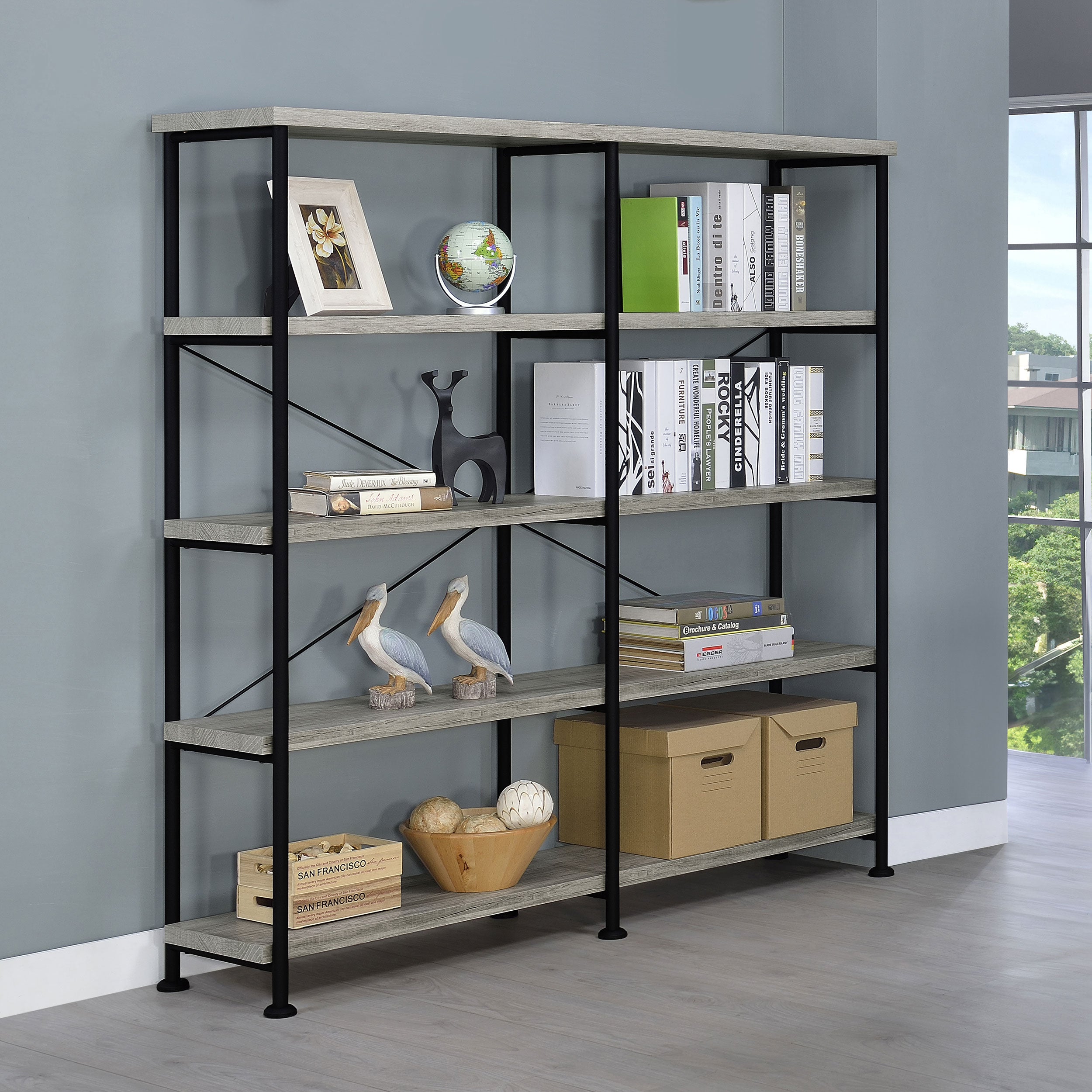 Analiese 63-inch 4-shelf Double Bookshelf Grey Driftwood-CoasterEveryday