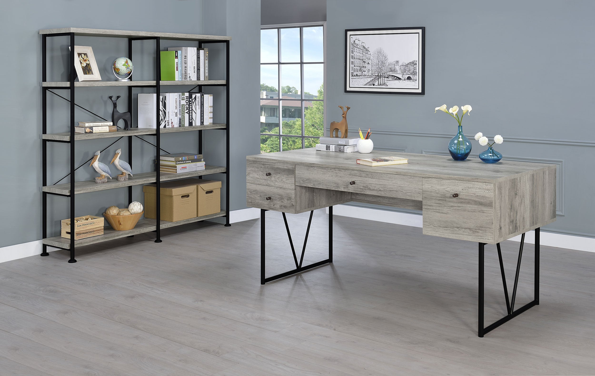 Analiese 63-inch 4-drawer Writing Desk Grey Driftwood-CoasterEveryday