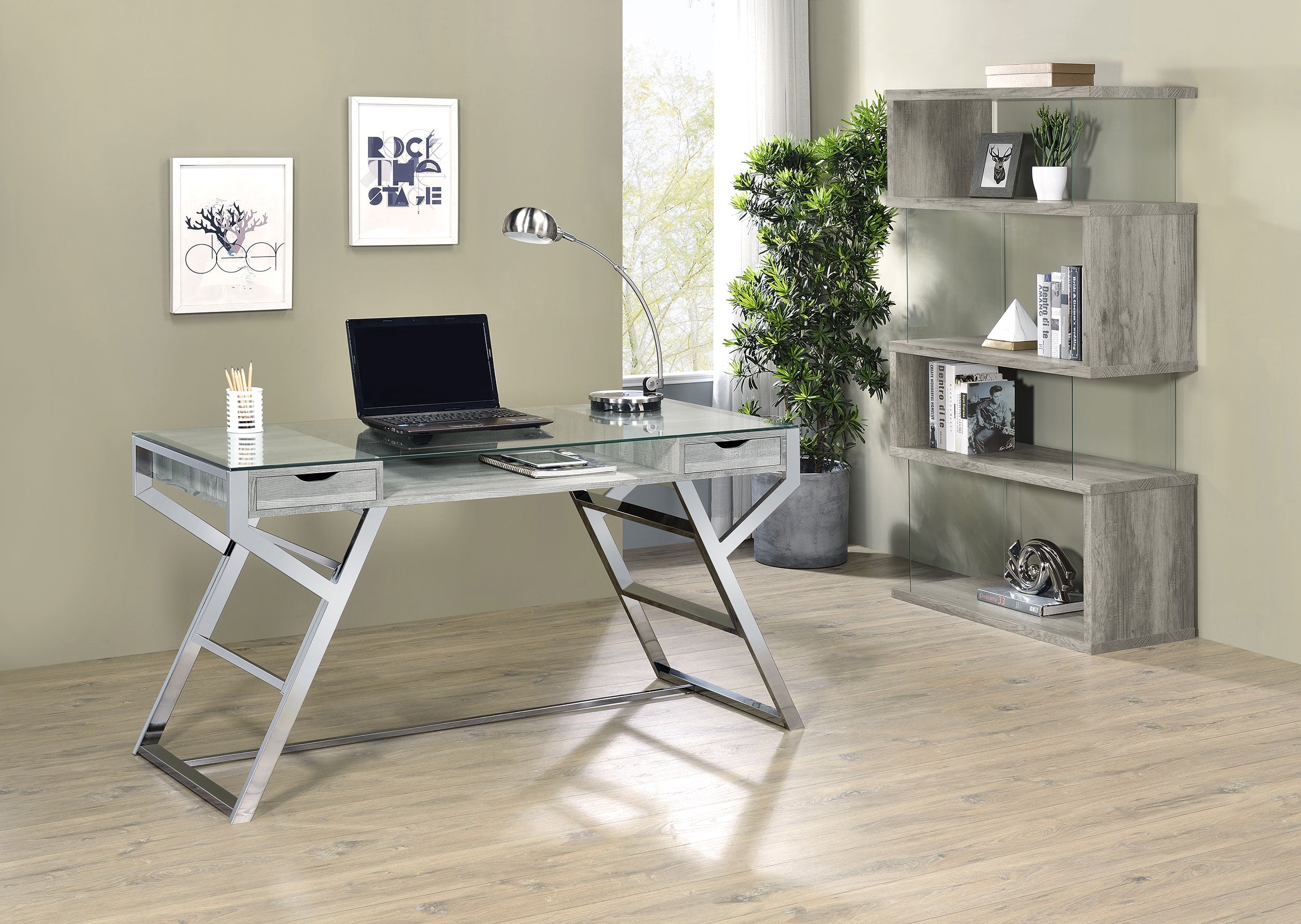 Emelle 63-inch 4-shelf Glass Panel Bookshelf Grey Driftwood-CoasterEssence