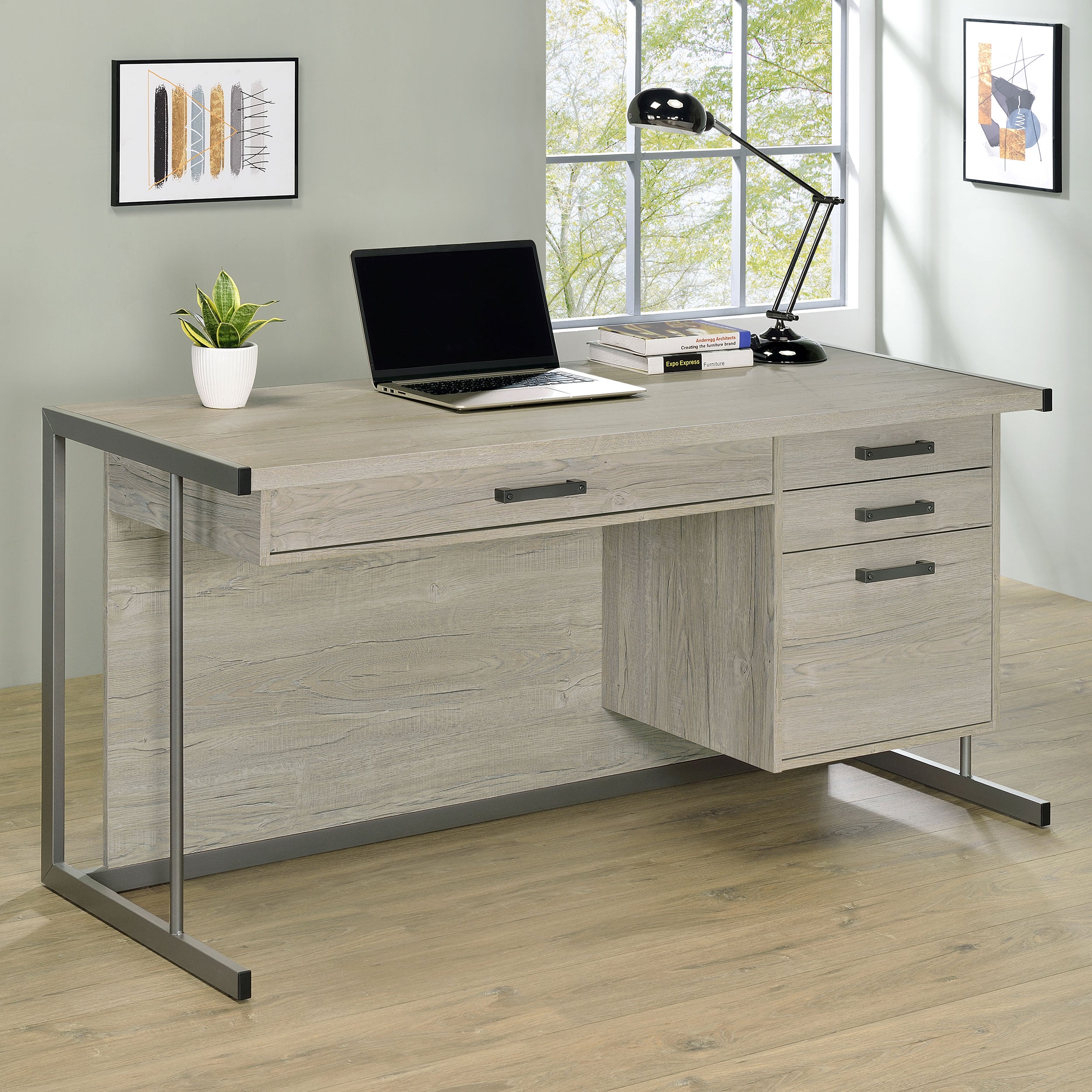 Loomis 60-inch 4-drawer Computer Desk Whitewashed Grey-CoasterEssence