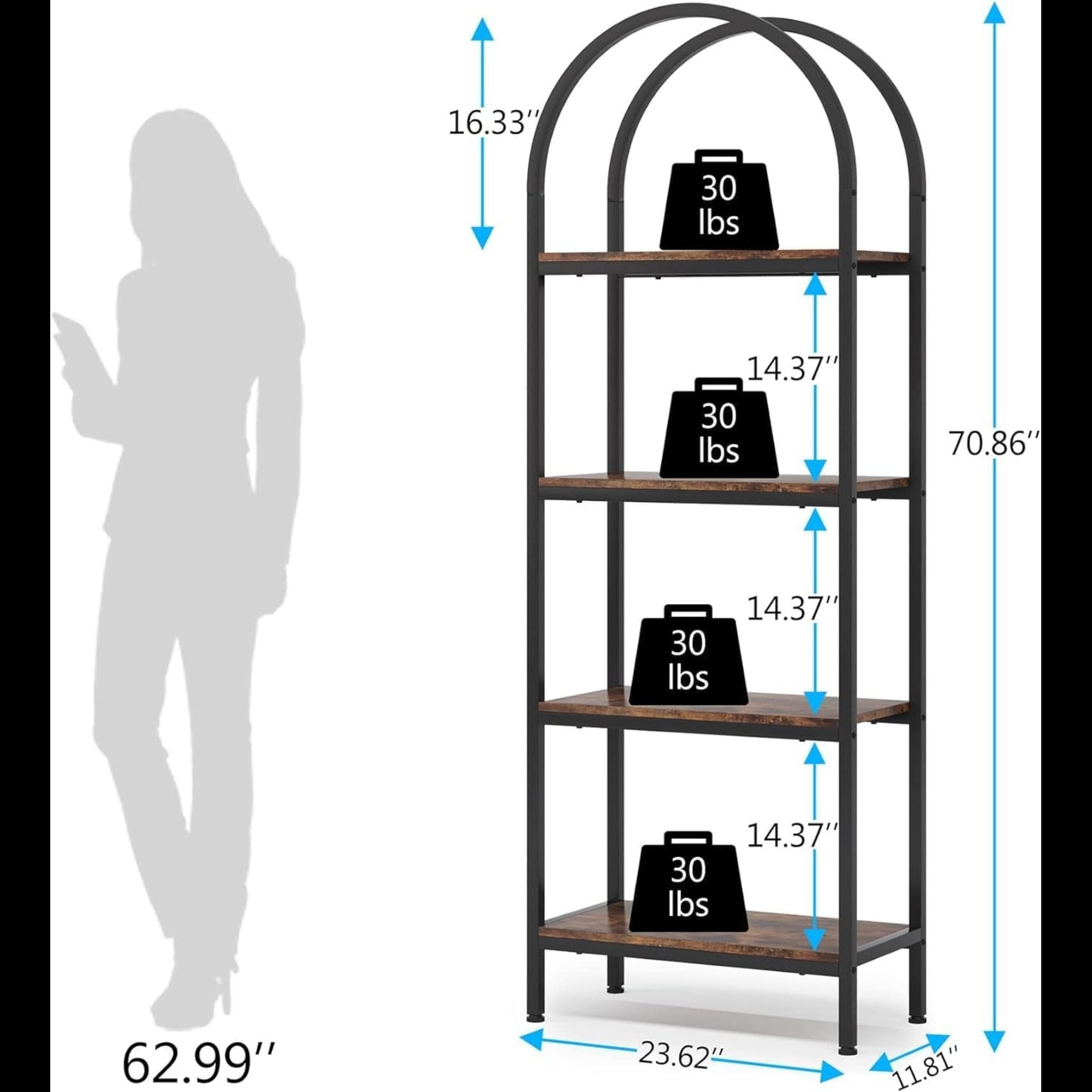 Industrial 4 Tier Open Bookshelf With Curved Top