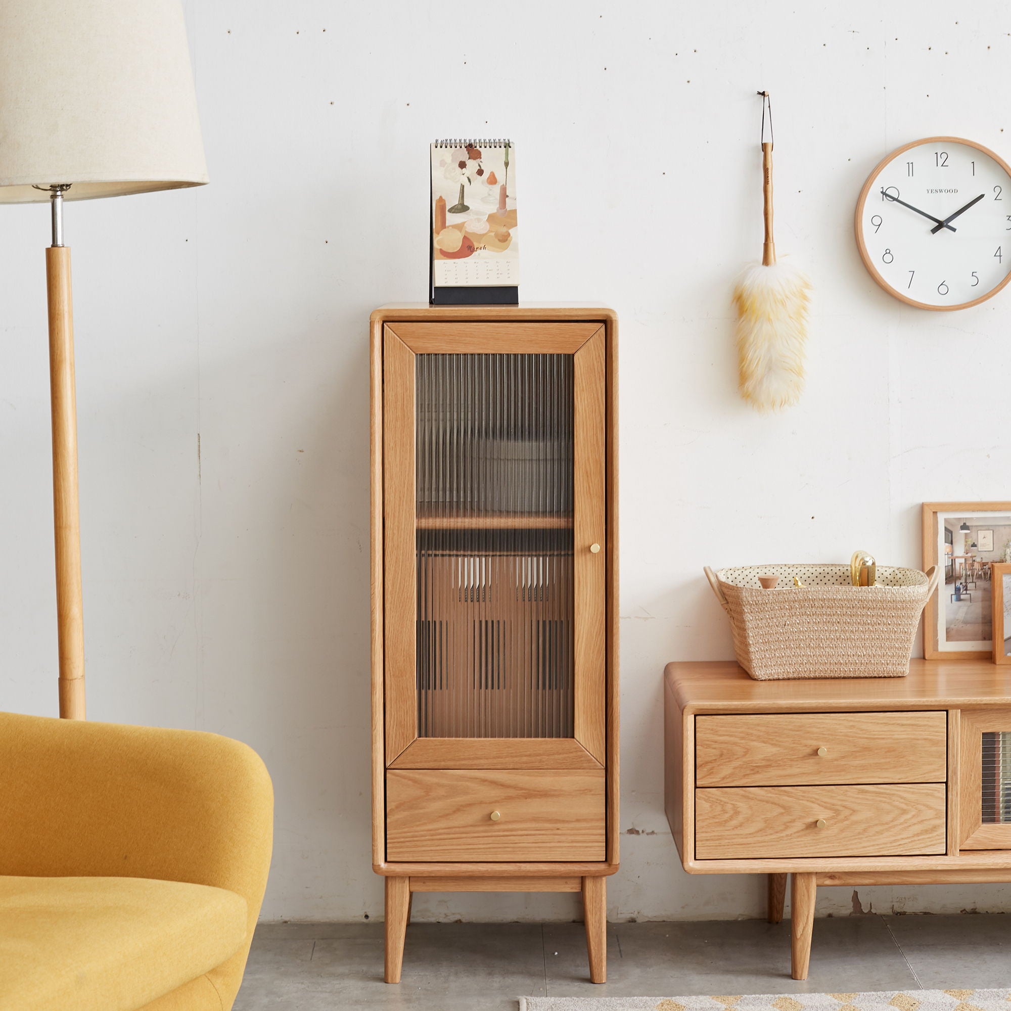 Free-Standing Corner Storage Cabinet With Vintage Glass Door, 2 Shelves, 1 Drawers & Brass Handle For Living Room - Natural