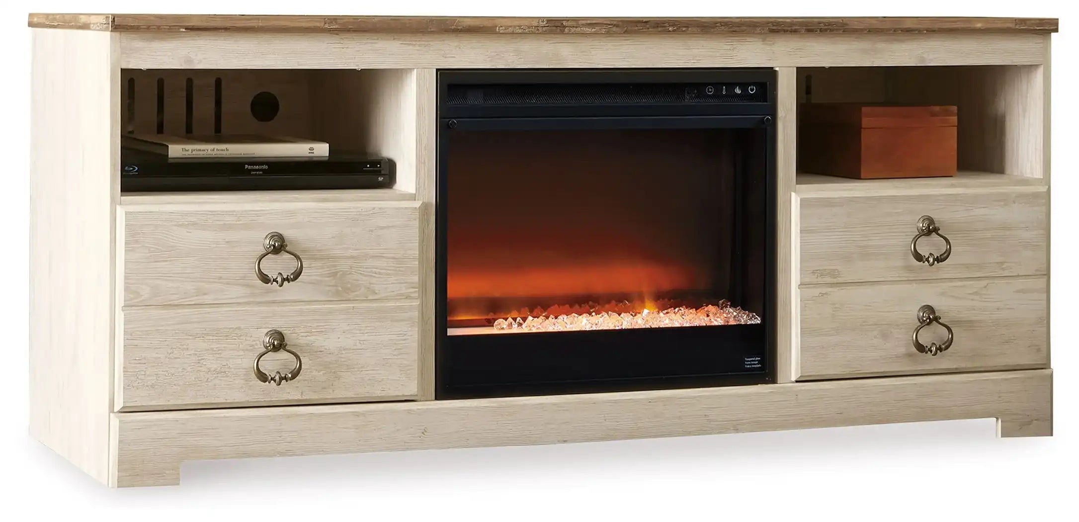 Willowton - 64" TV Stand With Glass/Stone Fireplace Insert - Whitewash - Best Buy Furniture