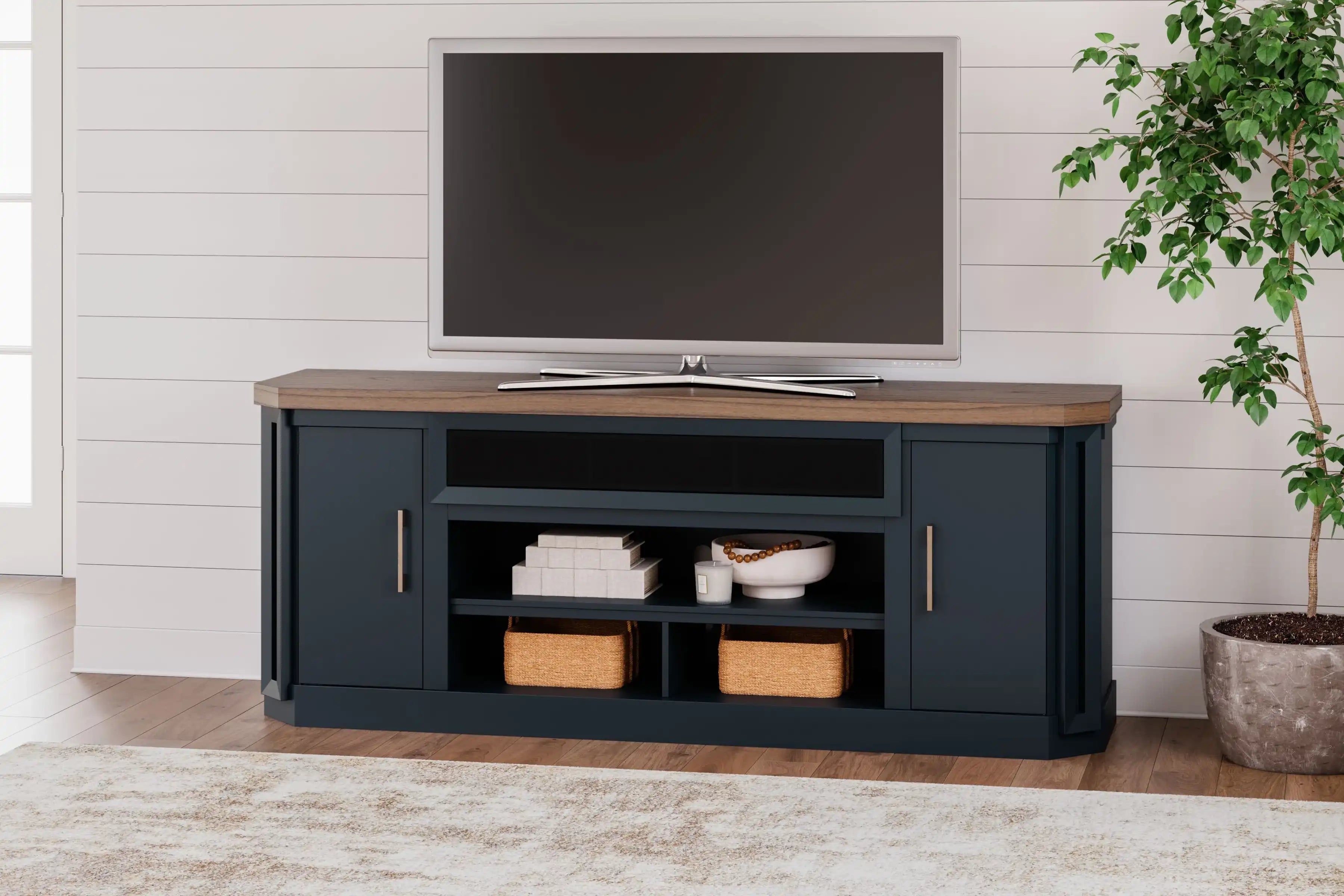 Landocken - XL TV Stand W/Fireplace Option - Brown / Blue - Best Buy Furniture
